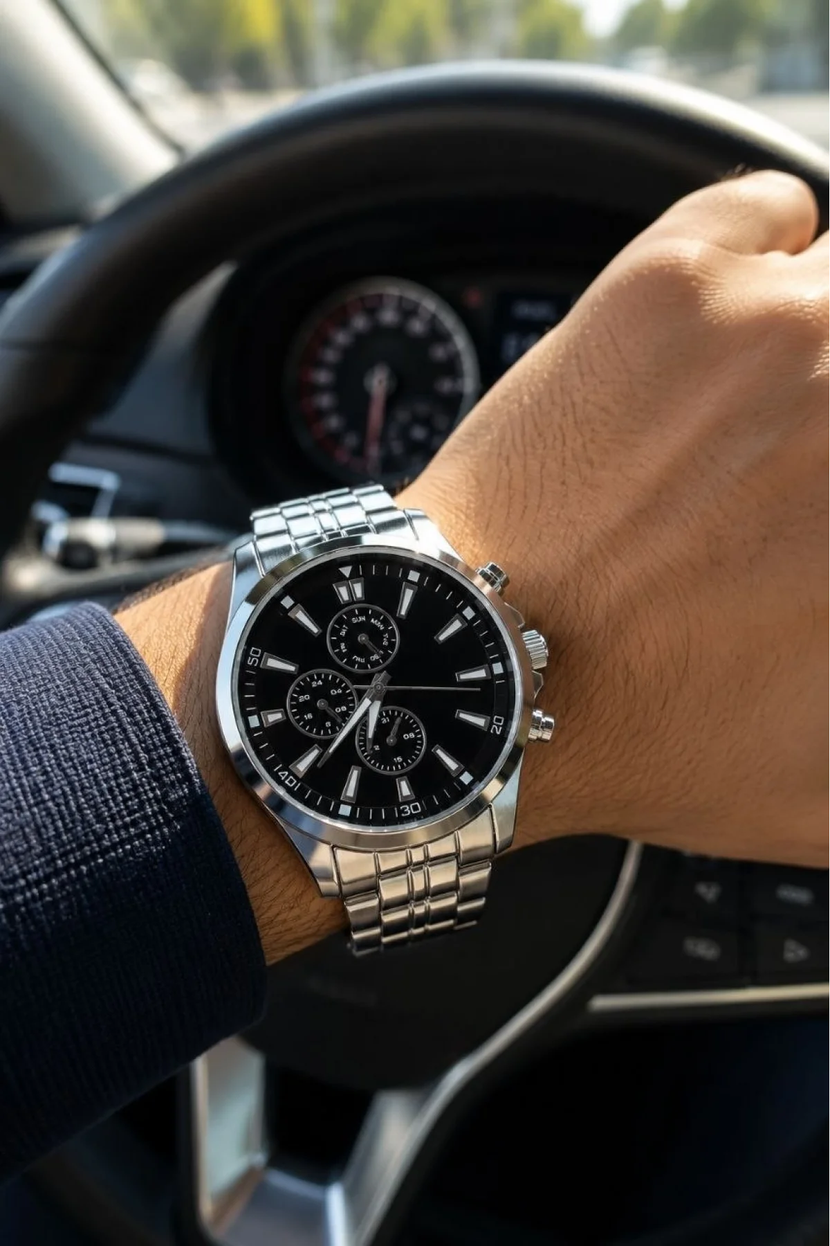 Erkek Gümüş Renk Metal Kordon Analog Kol Saati Takvim Göstergeli Siyah Kadran - Gümüş