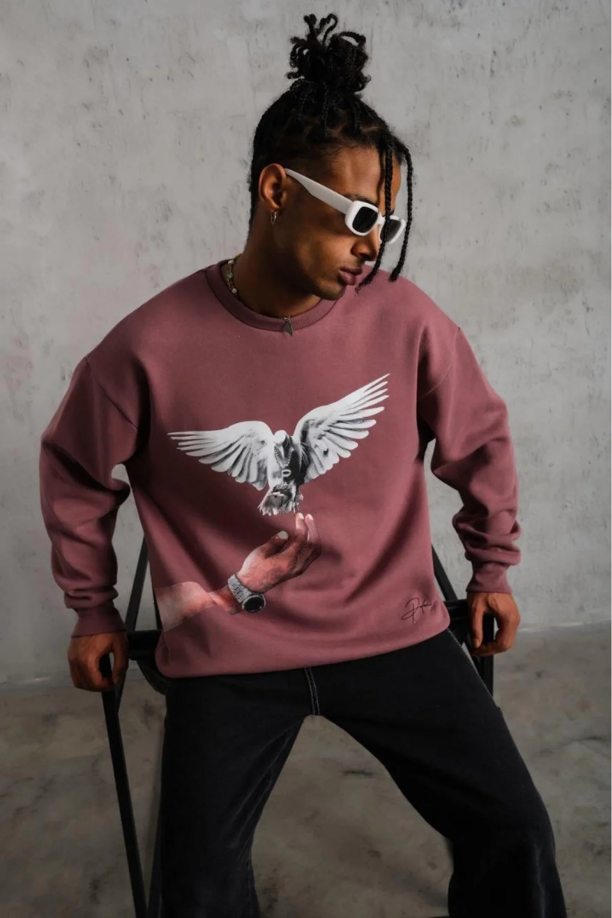 Erkek Güvercin Baskılı Sweatshirt - Gül Kurusu