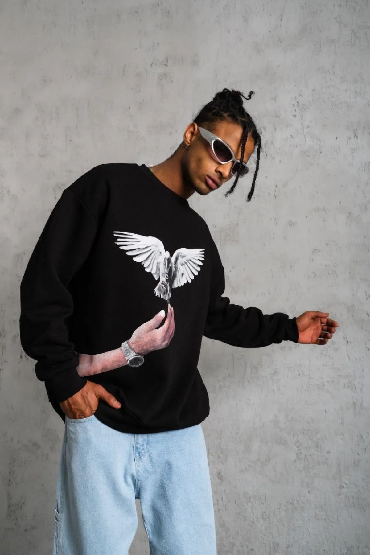 Erkek Güvercin Baskılı Sweatshirt - Siyah