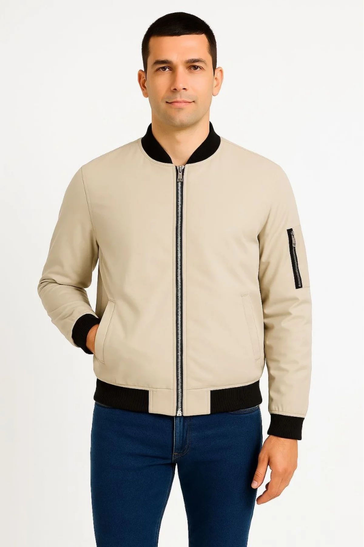 Erkek Bomber Mont Ceket – Fermuarlı, Kapitone İçi Astarlı, Su İtici Kumaş, Regular Fit, Uzun Kollu, Yandan Cepli, Bahar & Kış Rahat Günlük Stil - Bej