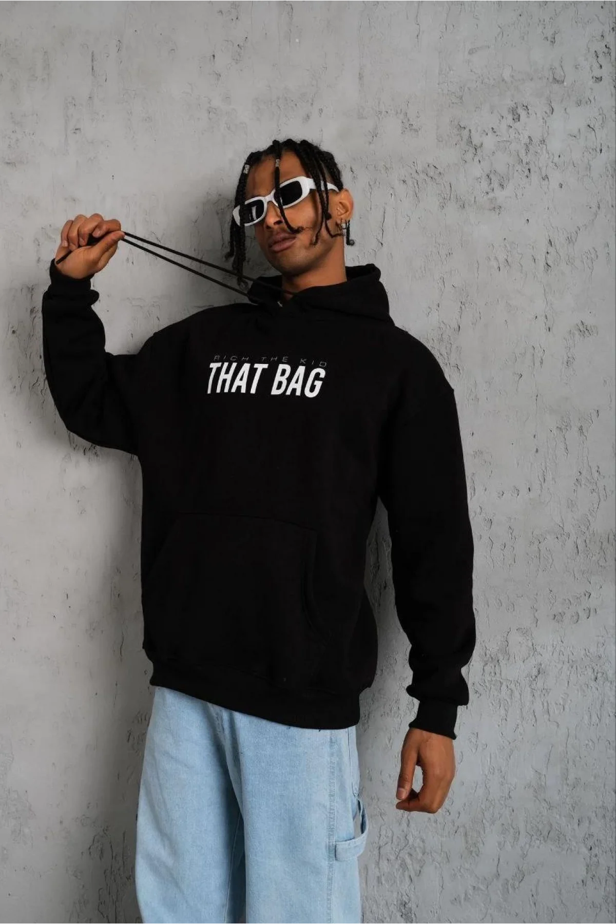 Erkek 3 İplik Pamuklu Kapüşonlu Baskılı Cepli Oversize Sweatshirt Hoodie - Siyah