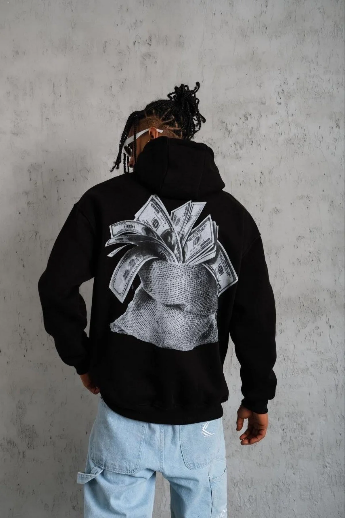 Erkek 3 İplik Pamuklu Kapüşonlu Baskılı Cepli Oversize Sweatshirt Hoodie - Siyah