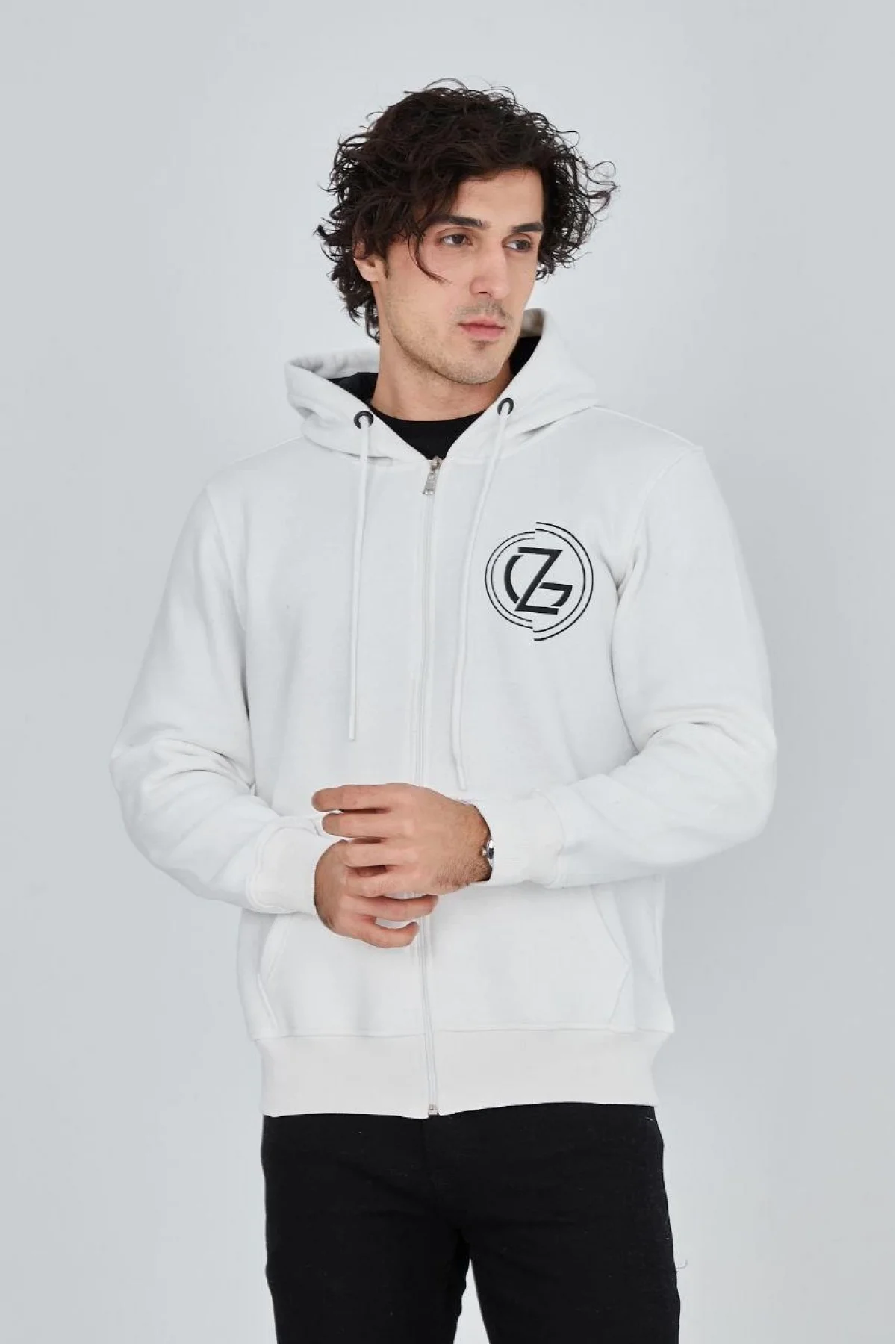 Erkek 3 İplik Pamuklu Fermuarlı Kapüşonlu Kanguru Cepli Baskılı Hoodie Hırka Sweatshirt - Beyaz