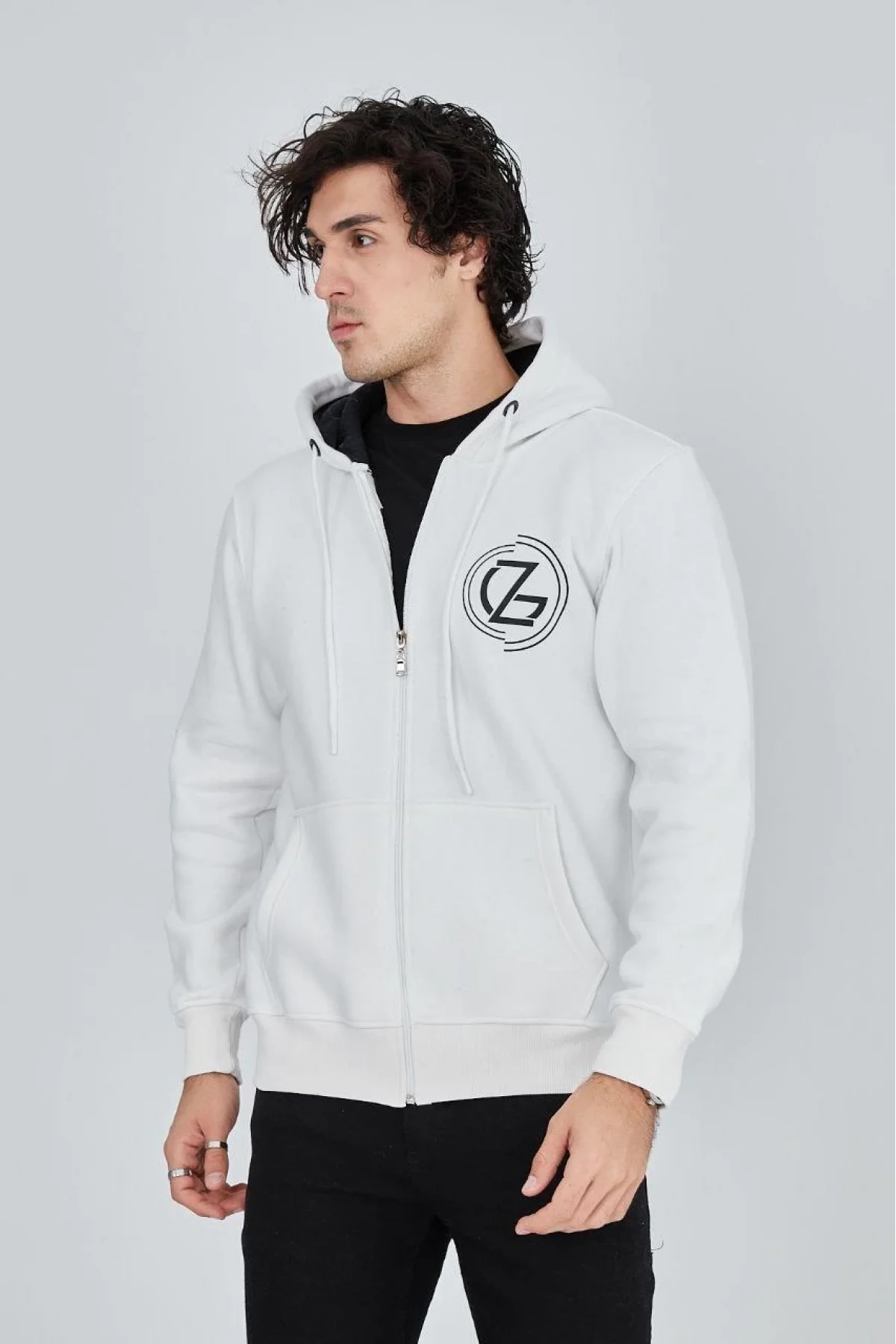 Erkek 3 İplik Pamuklu Fermuarlı Kapüşonlu Kanguru Cepli Baskılı Hoodie Hırka Sweatshirt - Beyaz