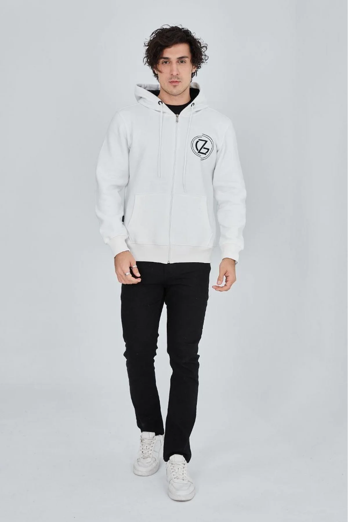 Erkek 3 İplik Pamuklu Fermuarlı Kapüşonlu Kanguru Cepli Baskılı Hoodie Hırka Sweatshirt - Beyaz