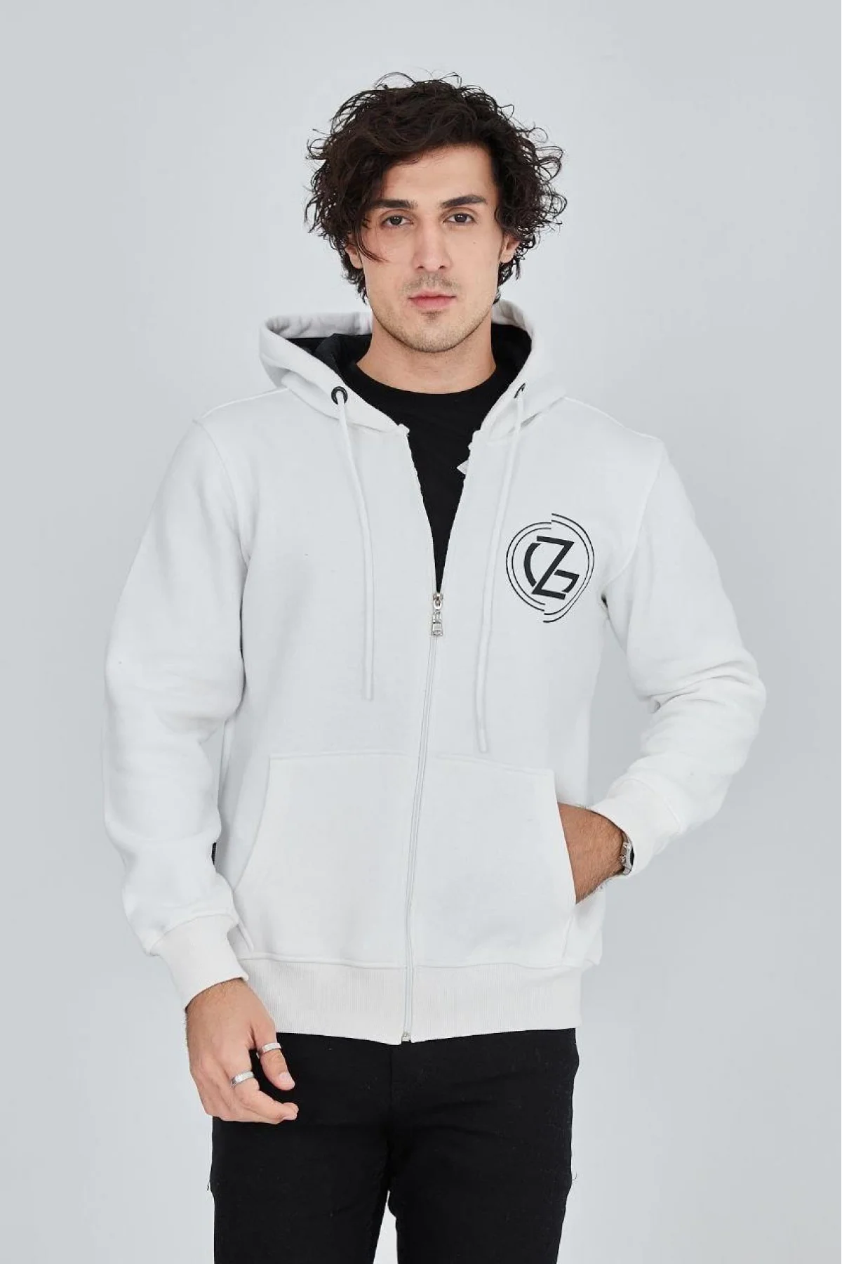 Erkek 3 İplik Pamuklu Fermuarlı Kapüşonlu Kanguru Cepli Baskılı Hoodie Hırka Sweatshirt - Beyaz