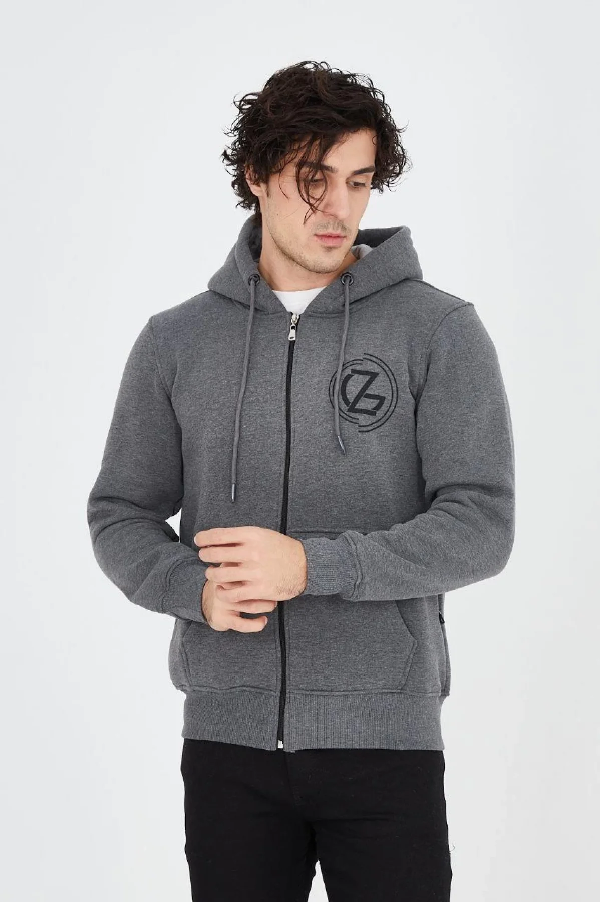 Erkek 3 İplik Pamuklu Fermuarlı Kapüşonlu Kanguru Cepli Baskılı Hoodie Hırka Sweatshirt - Füme
