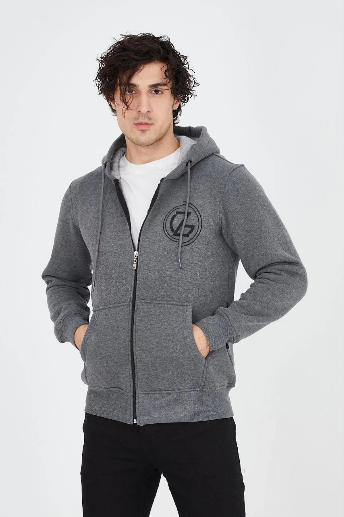Erkek 3 İplik Pamuklu Fermuarlı Kapüşonlu Kanguru Cepli Baskılı Hoodie Hırka Sweatshirt - Füme