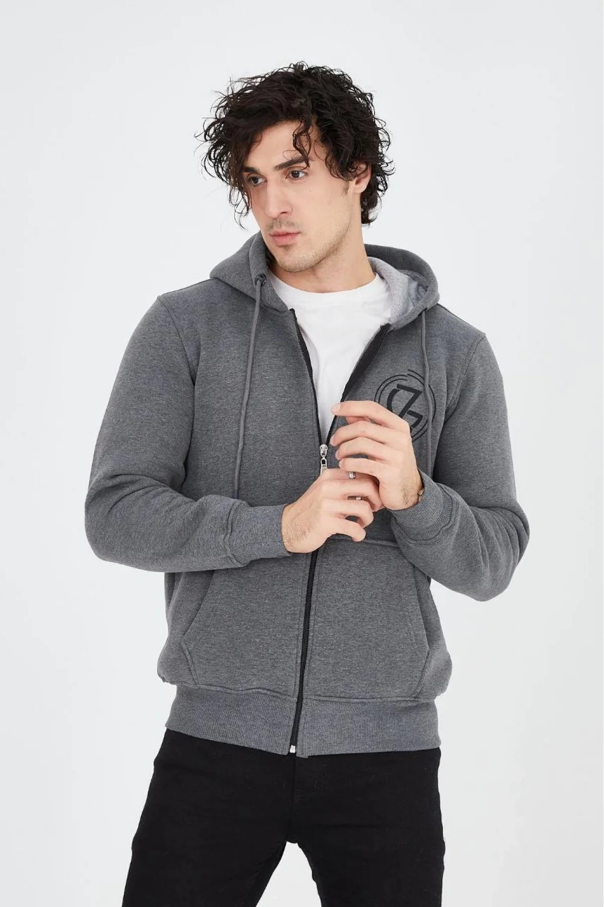 Erkek 3 İplik Pamuklu Fermuarlı Kapüşonlu Kanguru Cepli Baskılı Hoodie Hırka Sweatshirt - Füme