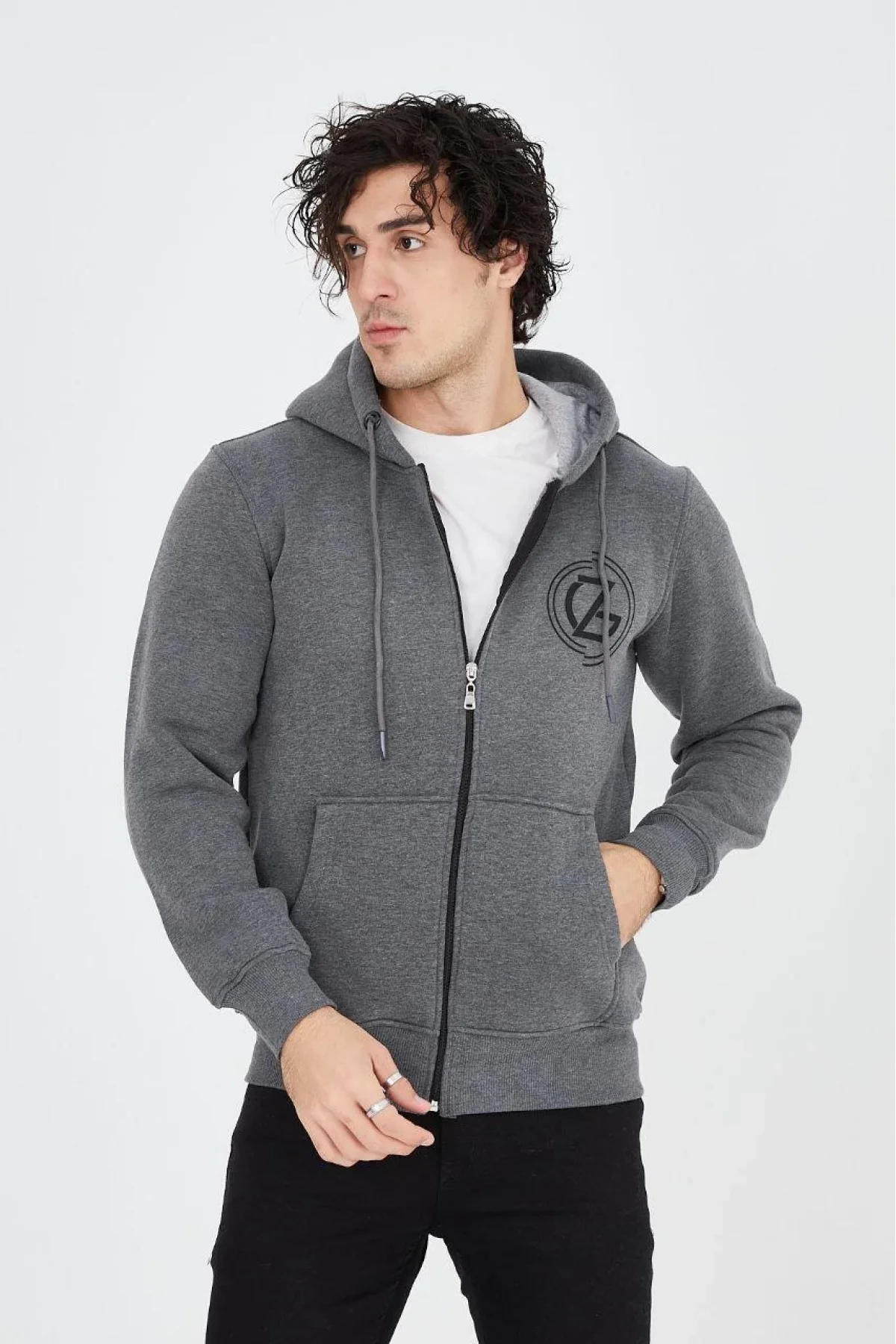 Erkek 3 İplik Pamuklu Fermuarlı Kapüşonlu Kanguru Cepli Baskılı Hoodie Hırka Sweatshirt - Füme