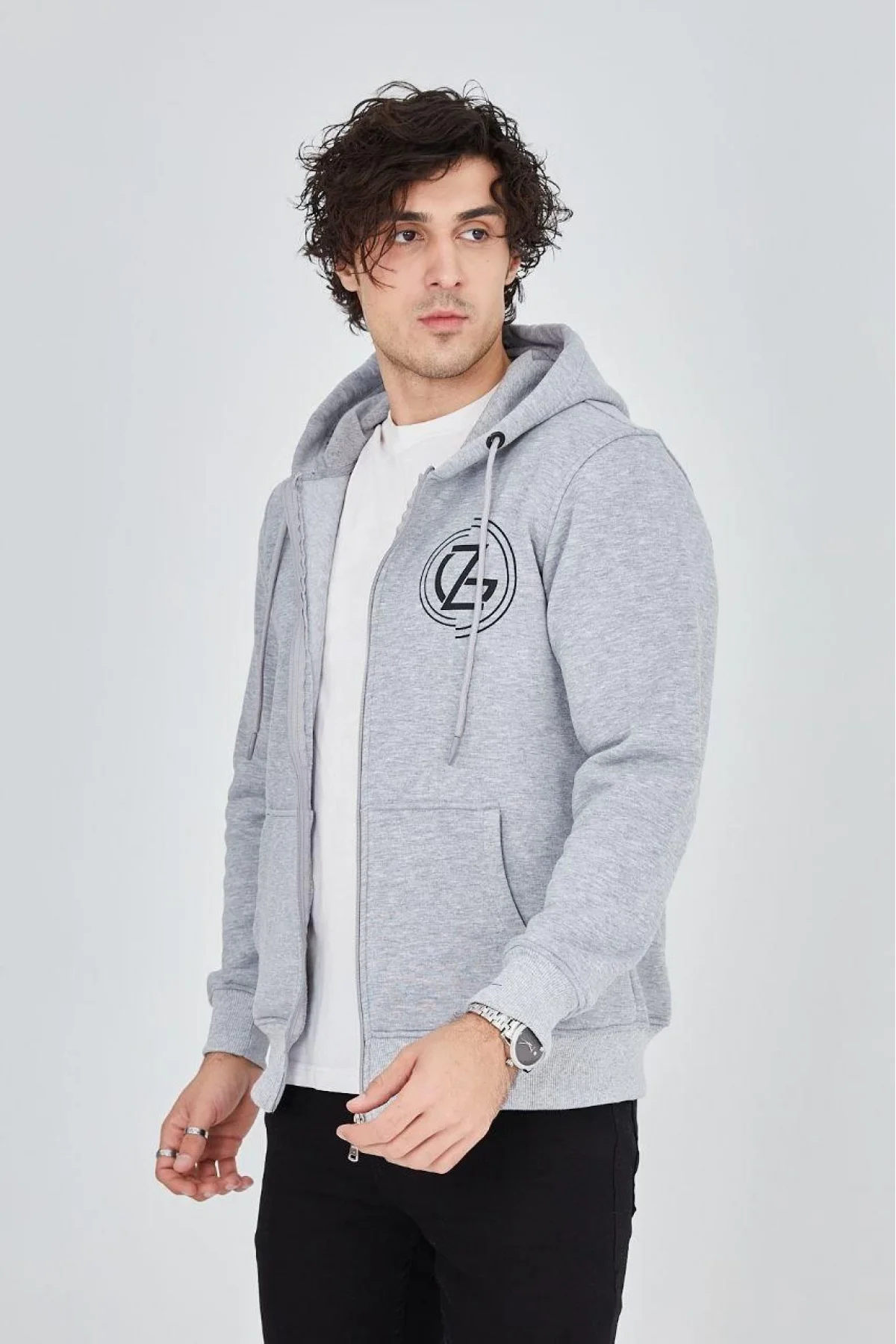 Erkek 3 İplik Pamuklu Fermuarlı Kapüşonlu Kanguru Cepli Baskılı Hoodie Hırka Sweatshirt -Gri