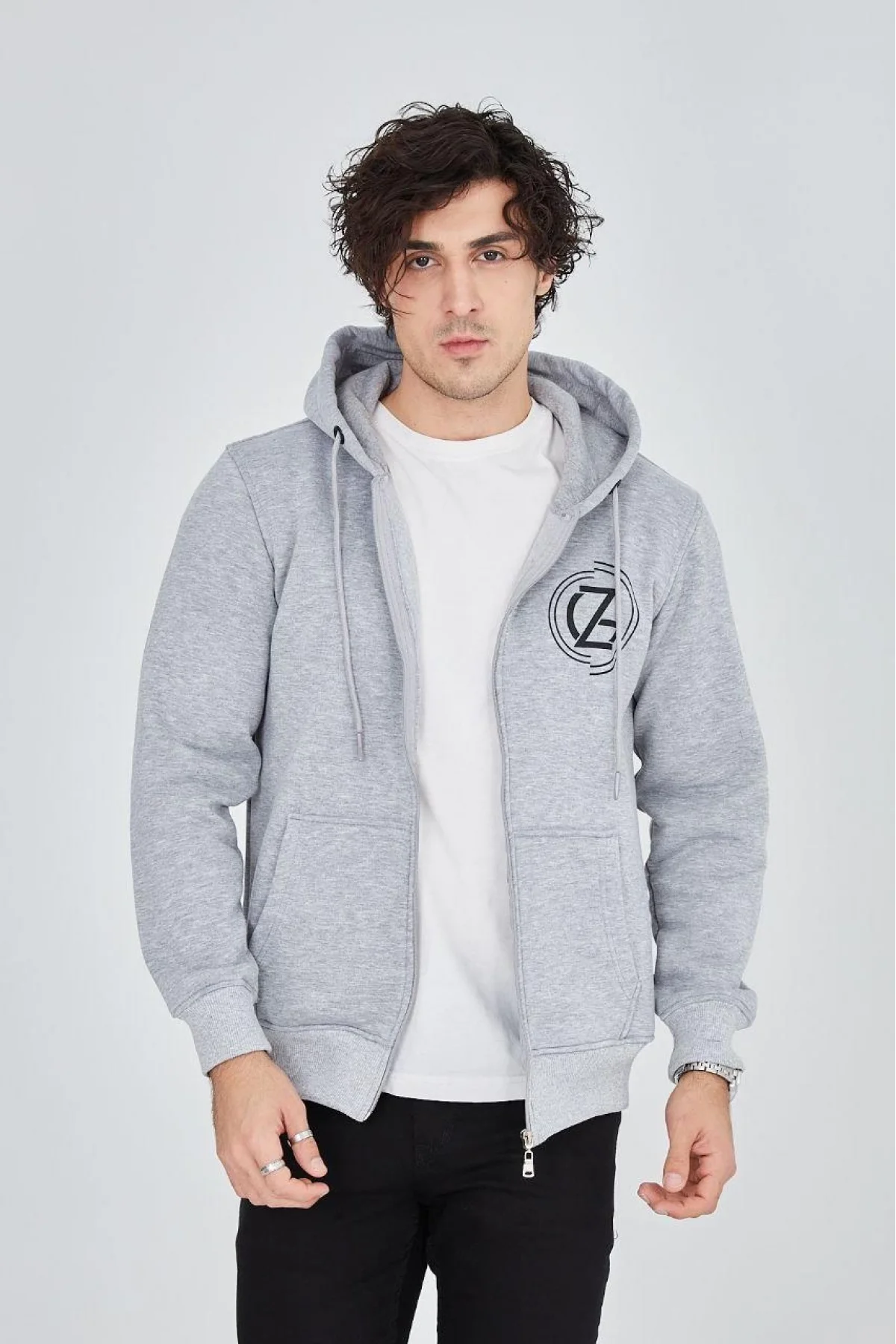 Erkek 3 İplik Pamuklu Fermuarlı Kapüşonlu Kanguru Cepli Baskılı Hoodie Hırka Sweatshirt -Gri