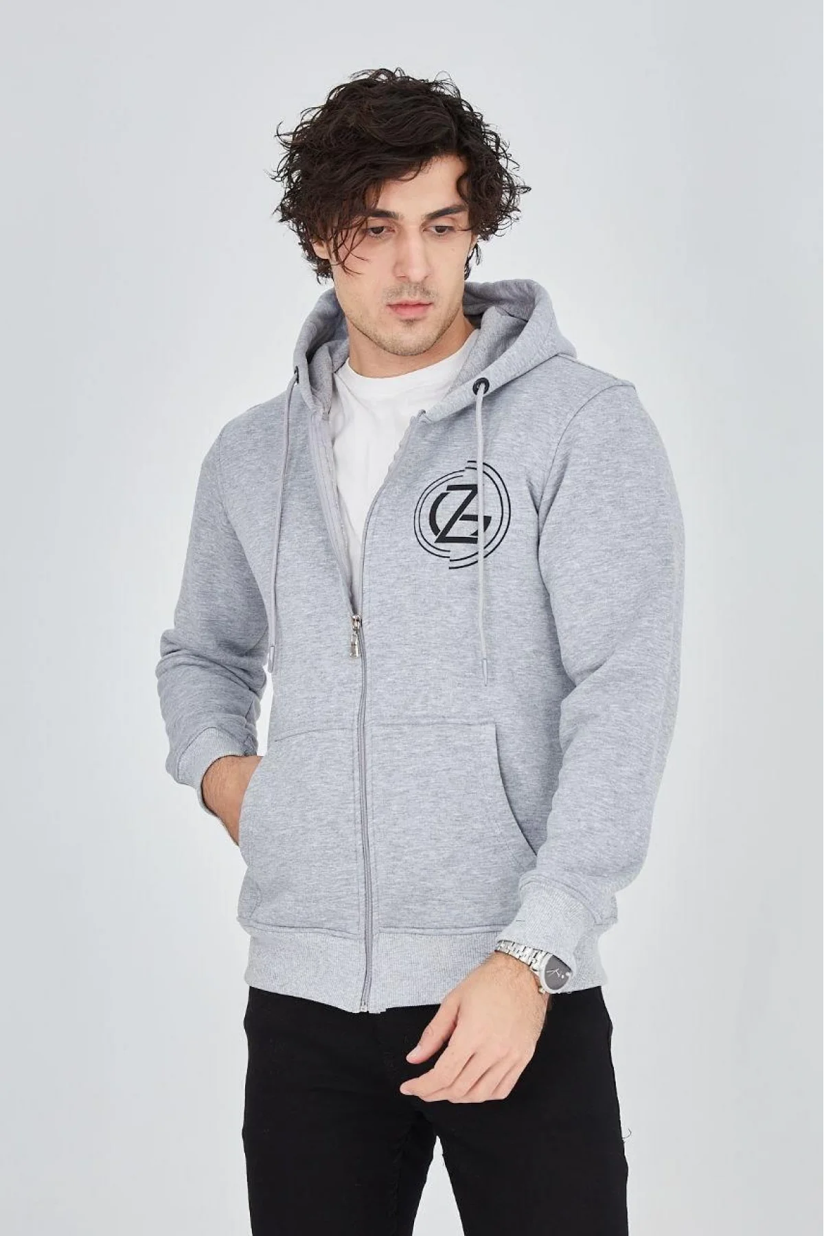 Erkek 3 İplik Pamuklu Fermuarlı Kapüşonlu Kanguru Cepli Baskılı Hoodie Hırka Sweatshirt -Gri
