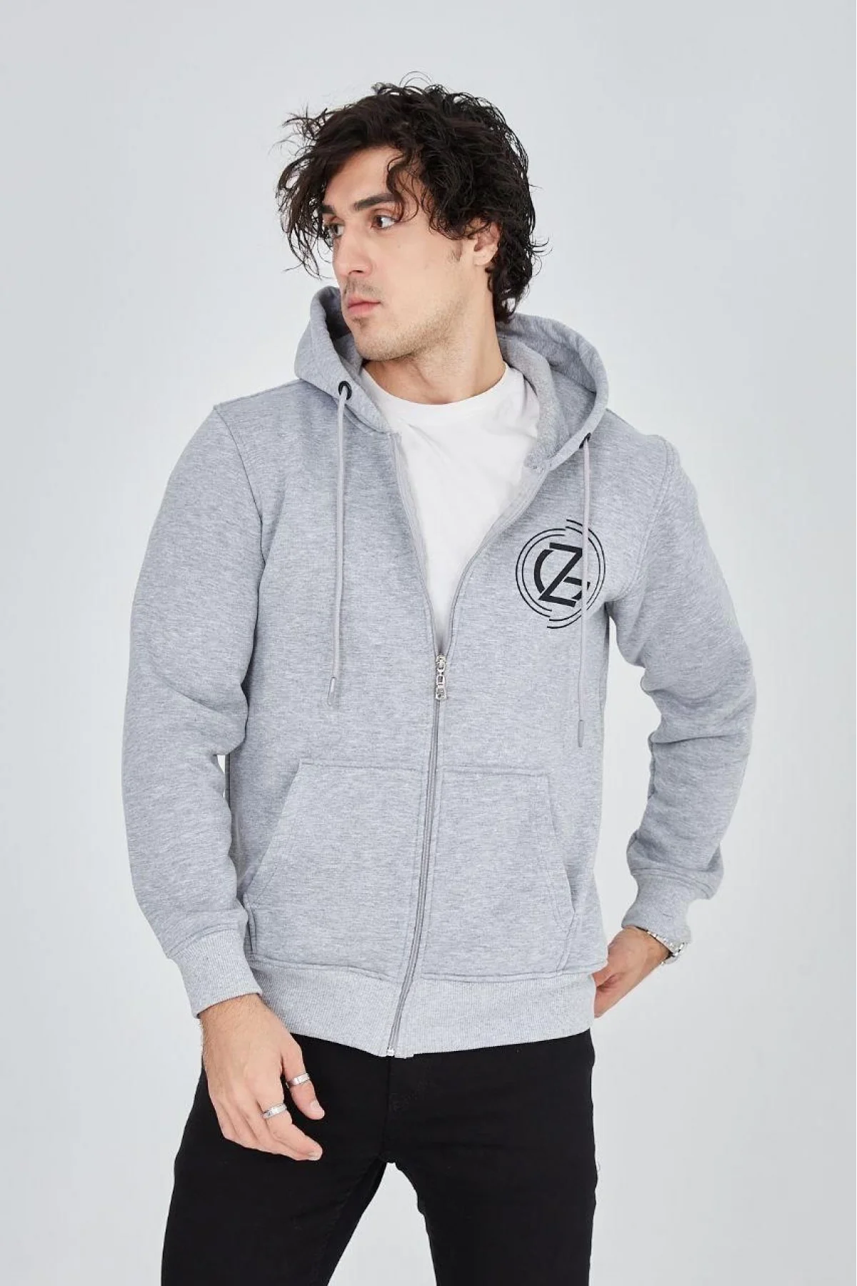Erkek 3 İplik Pamuklu Fermuarlı Kapüşonlu Kanguru Cepli Baskılı Hoodie Hırka Sweatshirt -Gri