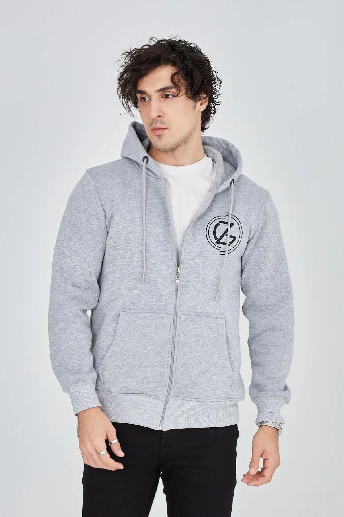 Erkek 3 İplik Pamuklu Fermuarlı Kapüşonlu Kanguru Cepli Baskılı Hoodie Hırka Sweatshirt -Gri