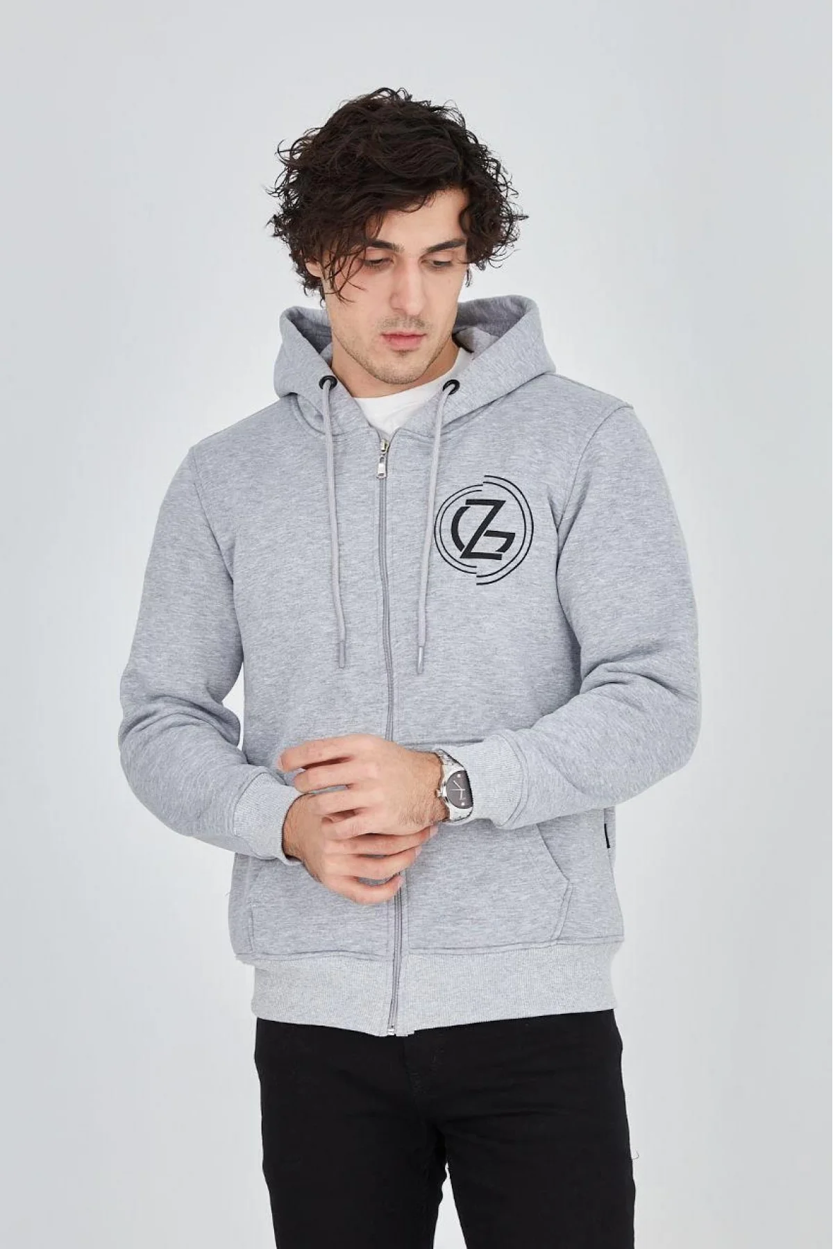 Erkek 3 İplik Pamuklu Fermuarlı Kapüşonlu Kanguru Cepli Baskılı Hoodie Hırka Sweatshirt -Gri
