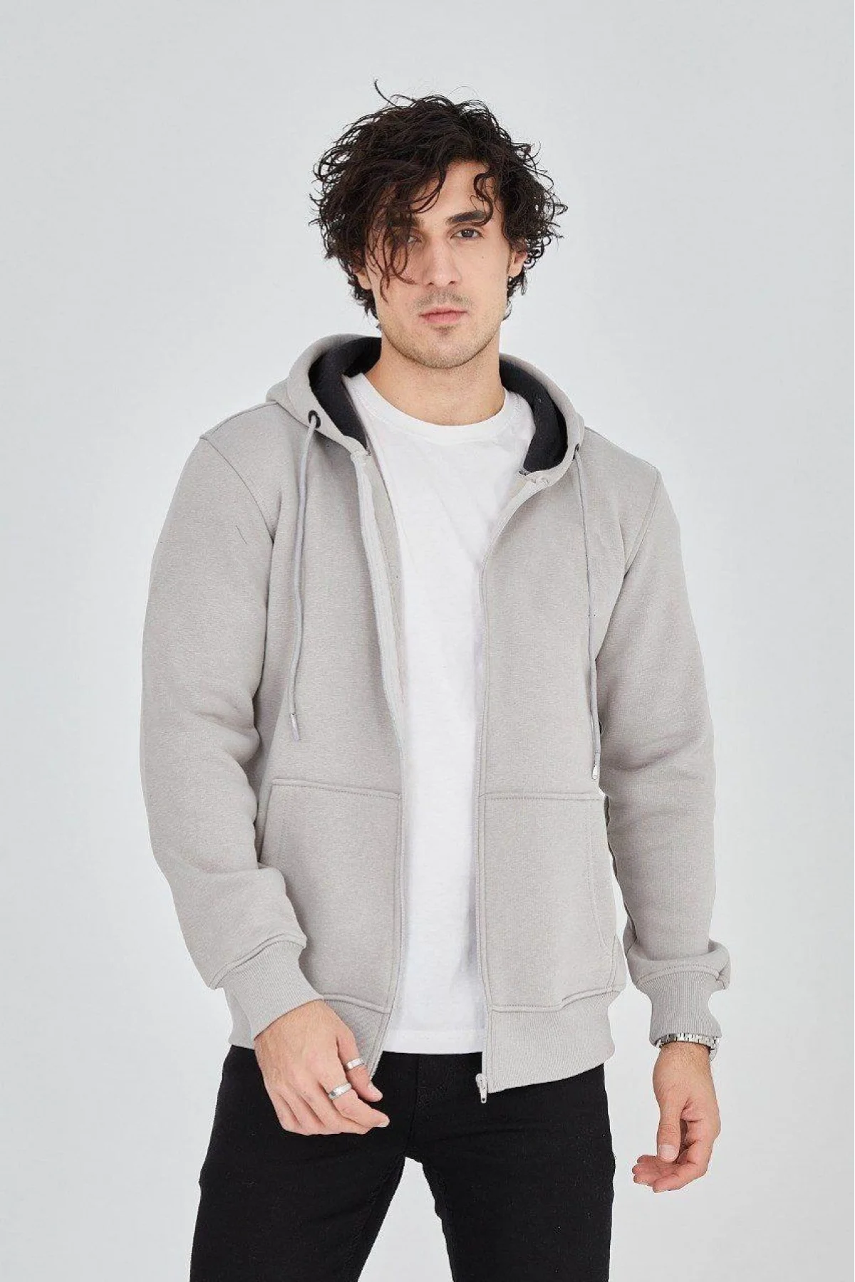 Erkek Kapüşonlu Düz Fermuarlı Hırka - Boyalı Gri