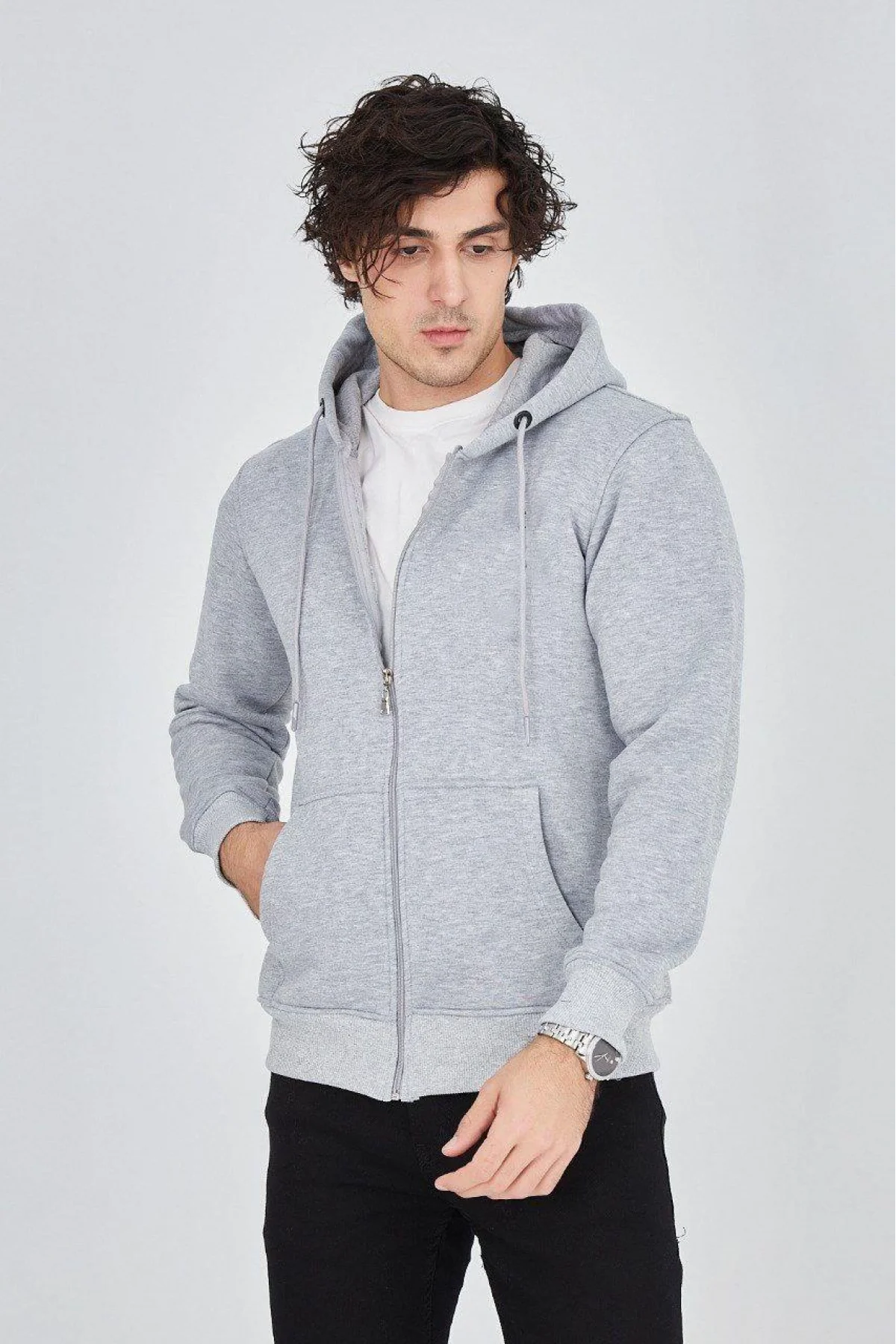 Erkek Kapüşonlu Düz Fermuarlı Hırka - Gri