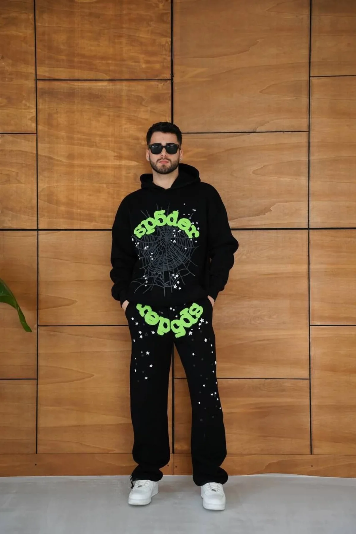 Erkek Kapüşonlu Eşofman Takım Örümcek Ağı ve Neon Yeşil Baskılı Kanguru cepli Oversize Rahat Kalıp, Premium Üç İplik Kumaş - Siyah