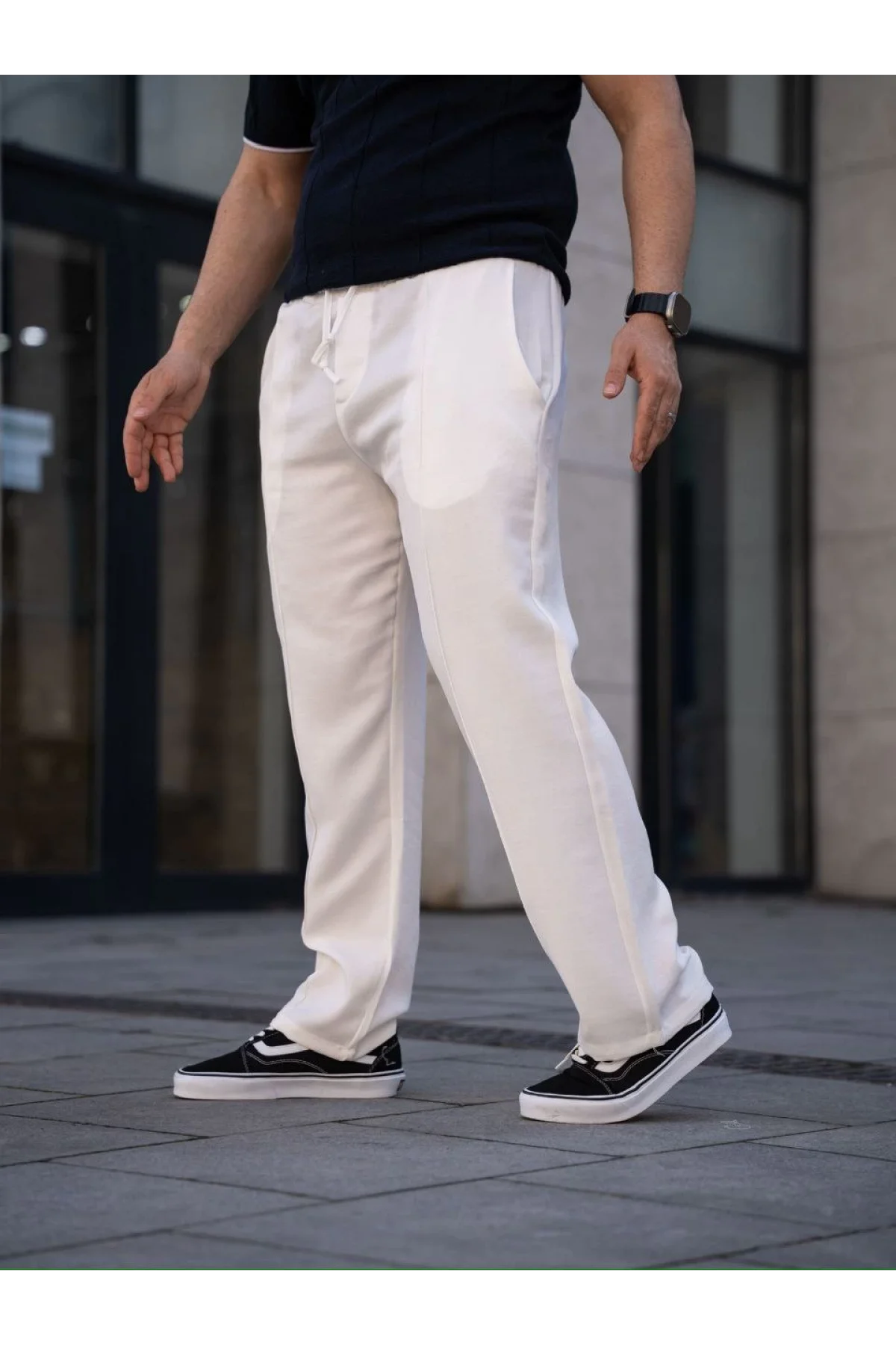 Erkek Keten Cepli Çıma Dikişli jogger Buggy Pantalon Rahat kalıp - Beyaz