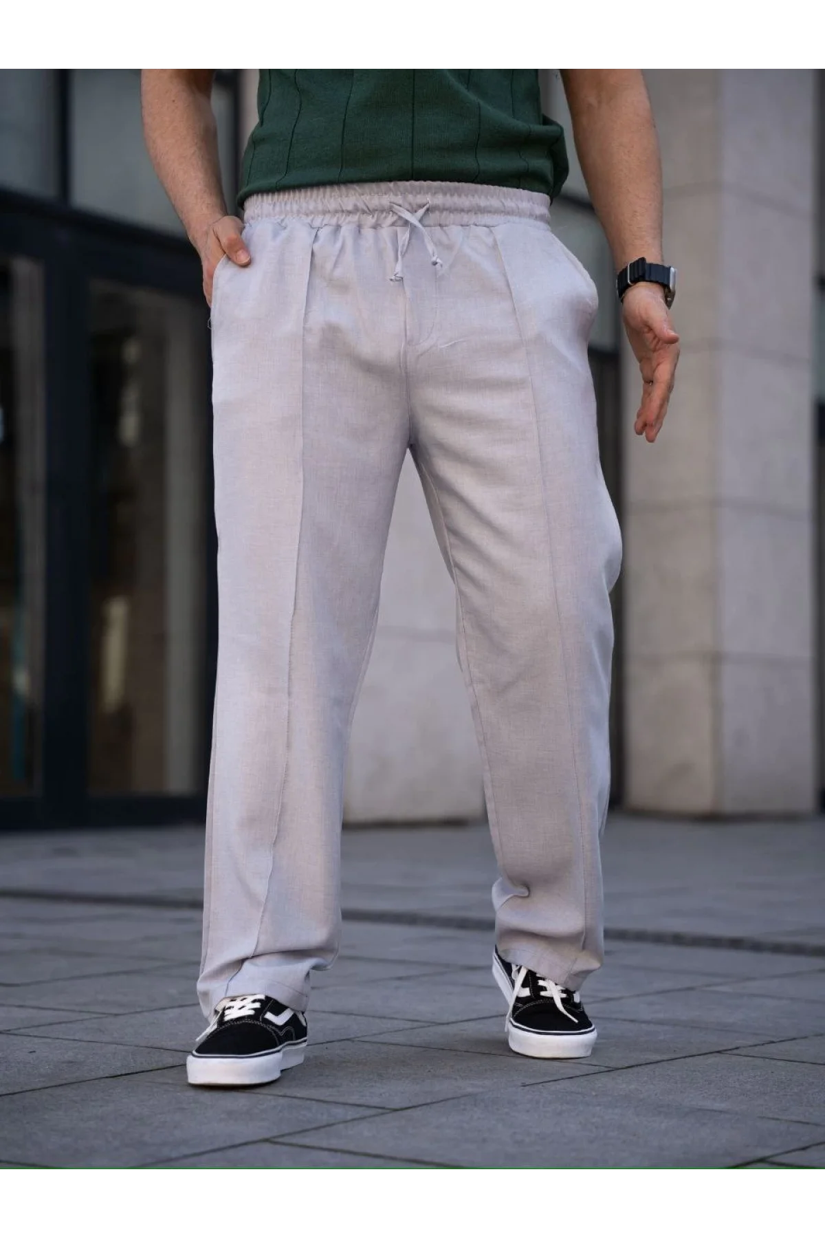 Erkek Keten Cepli Çıma Dikişli jogger Buggy Pantalon Rahat kalıp - Gri