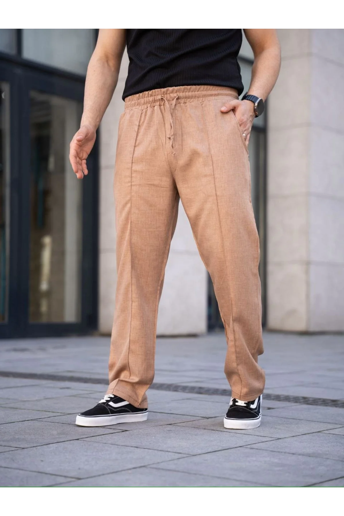 Erkek Keten Cepli Çıma Dikişli jogger Buggy Pantalon Rahat kalıp - Kahverengi