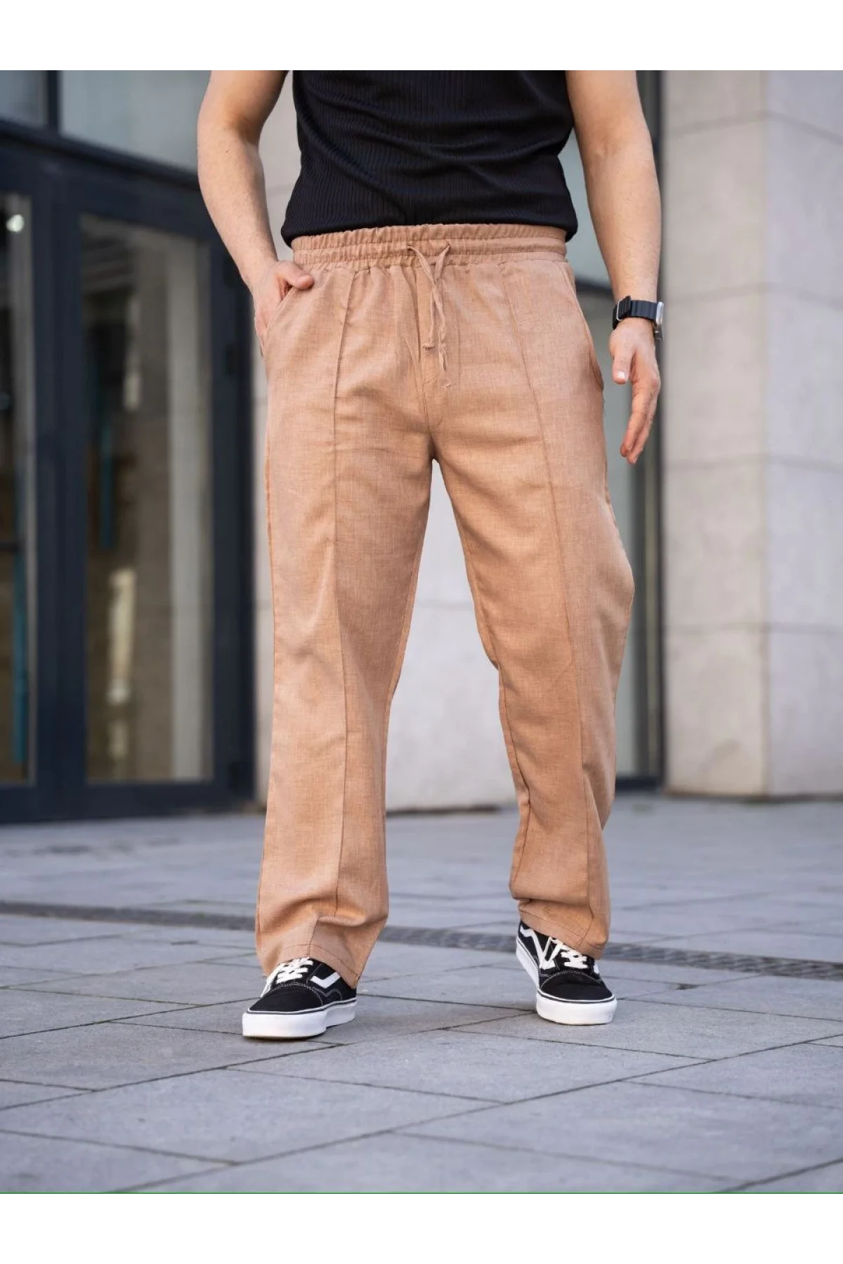 Erkek Keten Cepli Çıma Dikişli jogger Buggy Pantalon Rahat kalıp - Kahverengi