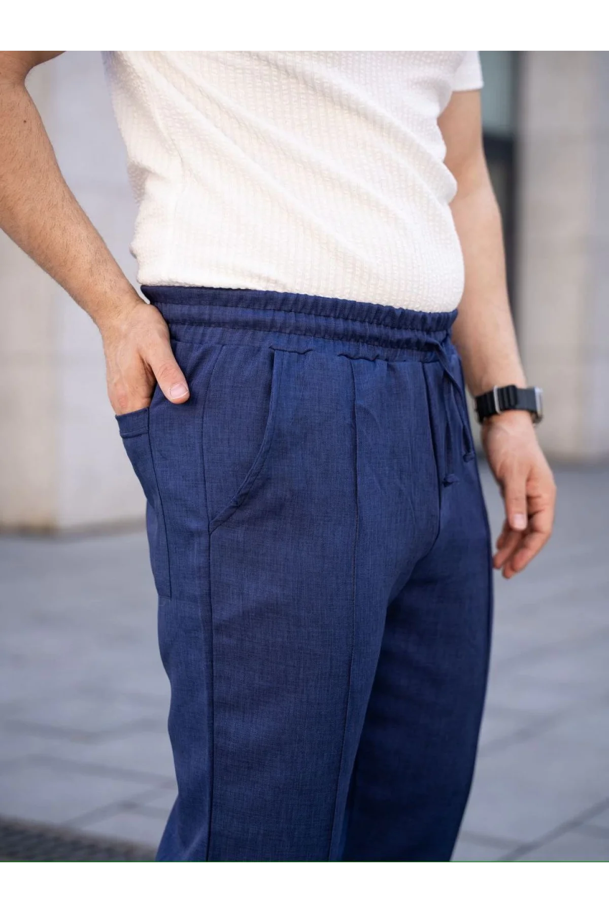 Erkek Keten Cepli Çıma Dikişli jogger Buggy Pantalon Rahat kalıp - Lacivert