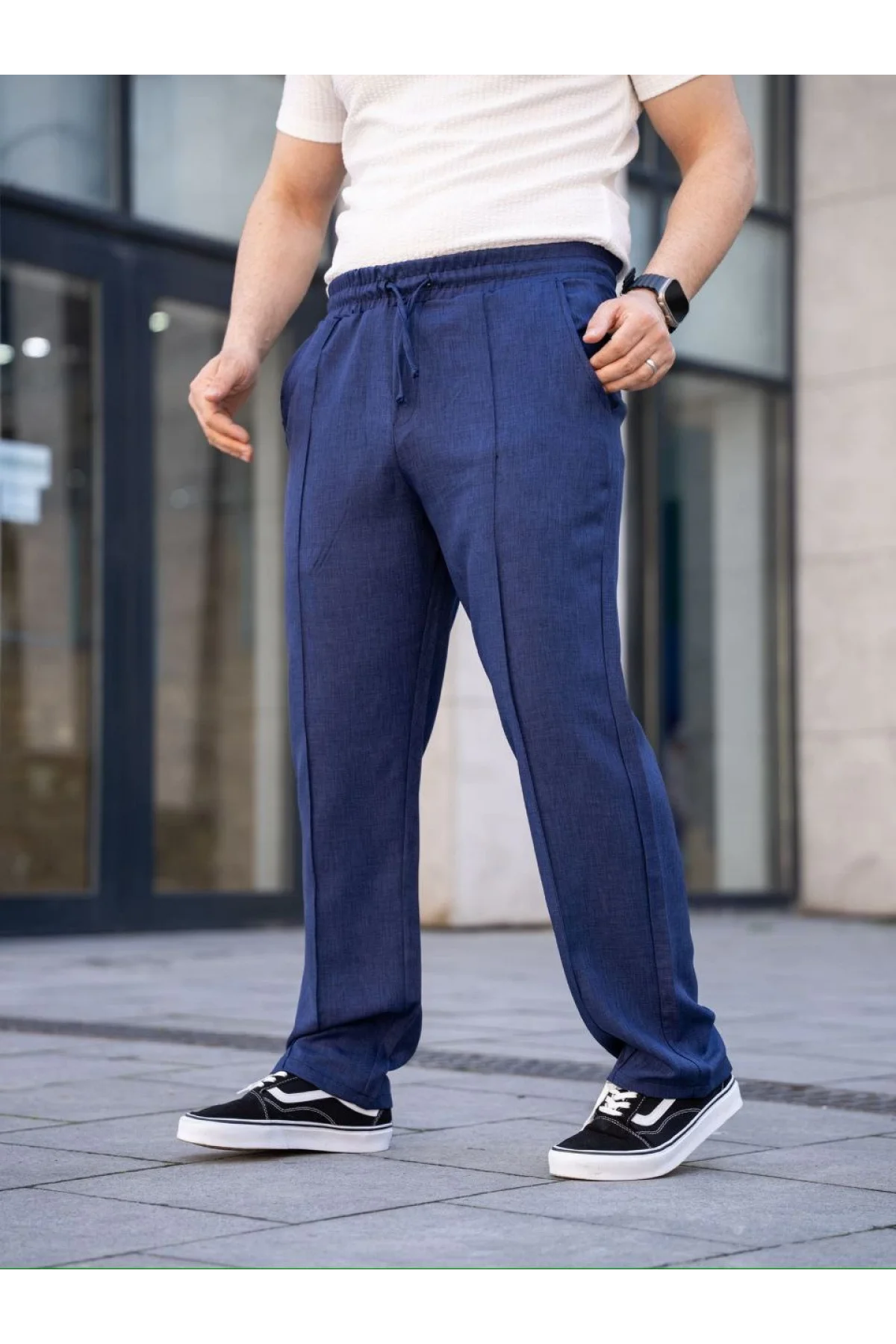 Erkek Keten Cepli Çıma Dikişli jogger Buggy Pantalon Rahat kalıp - Lacivert