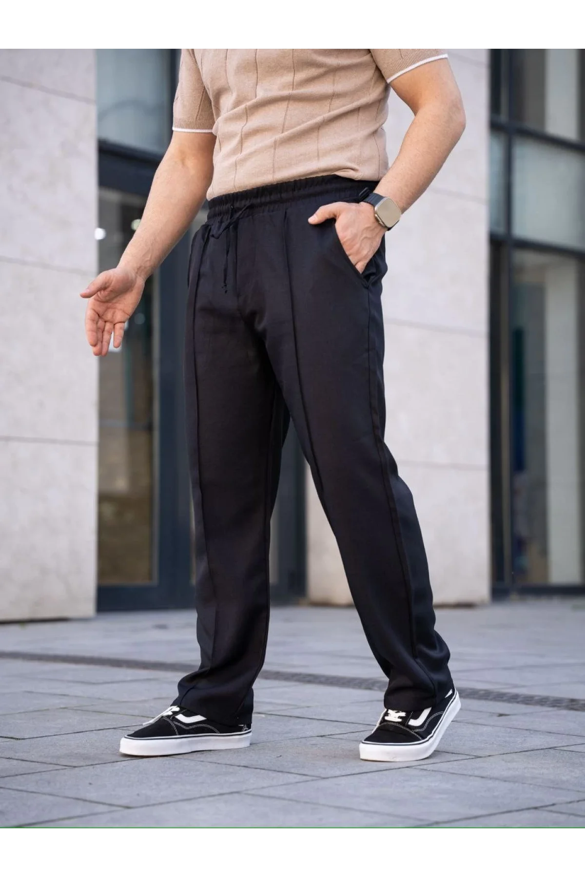 Erkek Keten Cepli Çıma Dikişli jogger Buggy Pantalon Rahat kalıp - Siyah