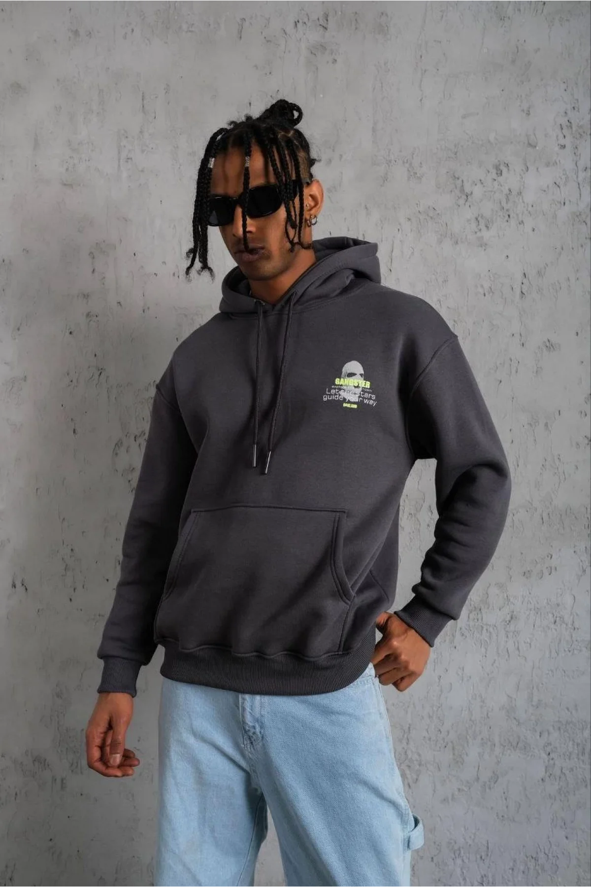 Erkek Kordonlu Maske Baskılı Kapşonlu Sweat - Gri