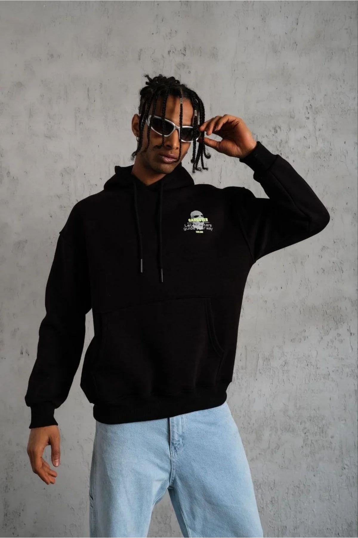 Erkek Baskılı Kapüşonlu 3 iplik pamuklu hoodie Sweatshirt - Siyah