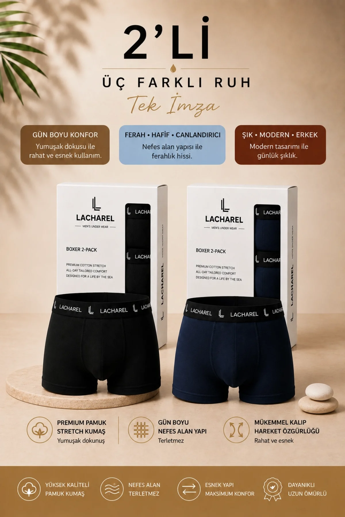 Erkek Likralı Pamuklu Nefes Alan Penye Boxer 2Li Paket - Siyah & Lacivert