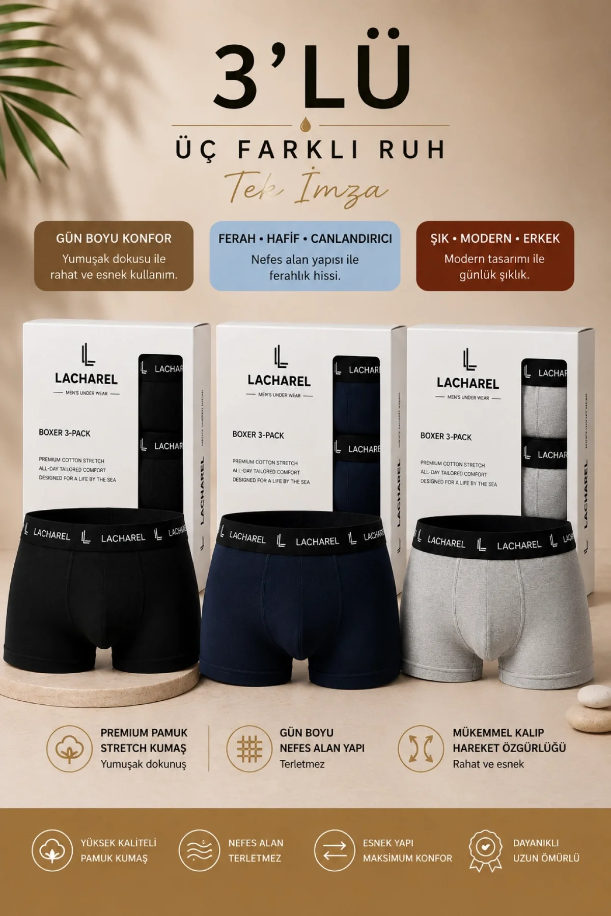 Erkek Likralı Pamuklu Nefes Alan Penye Boxer3Lü Paket - Siyah & Gri & Lacivert