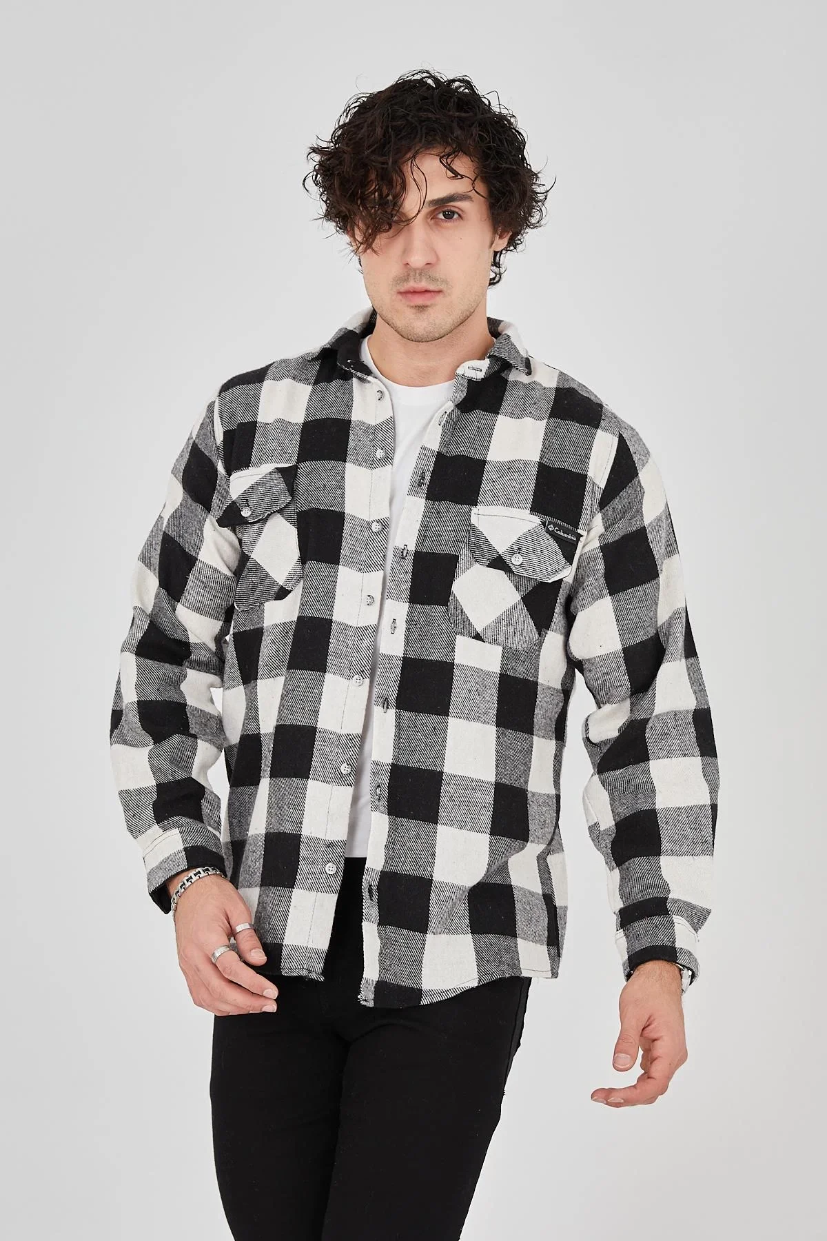 Erkek Oduncu Gömlek – Uzun Kollu, Şardonlu Kumaş, Kareli Desen, Regular Fit, Manşetli, Çift Cepli, Rahat Günlük Bahar & Kış Stil - Siyah