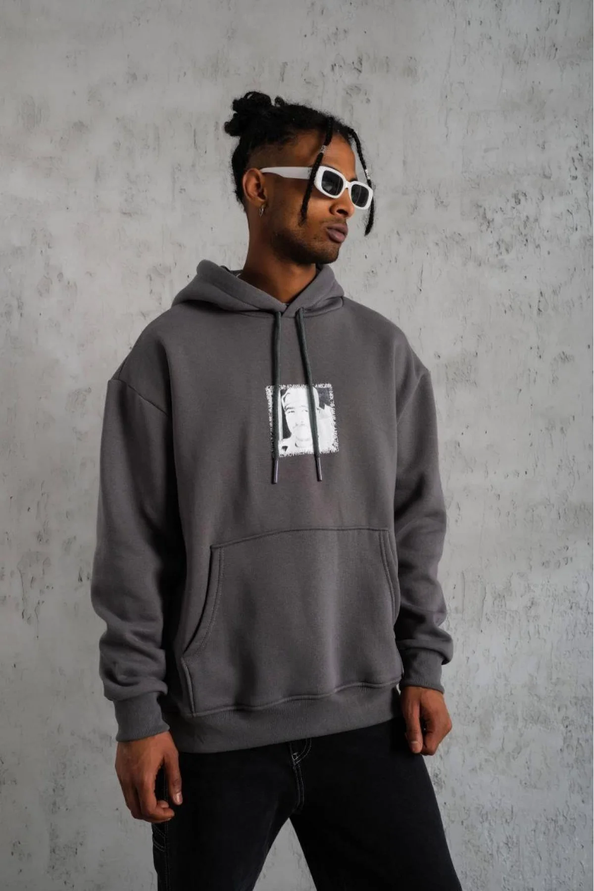 Erkek Ön Arka Baskılı Kapşonlu Sweat - Gri