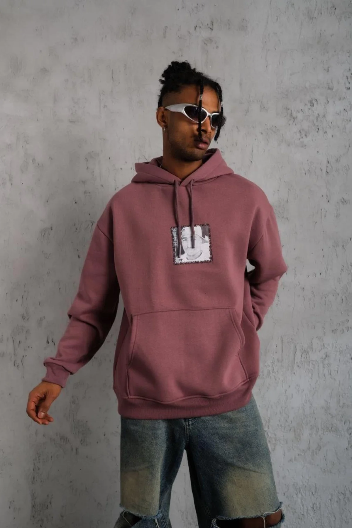Erkek Ön Arka Baskılı Kapşonlu Sweat - Gül Kurusu