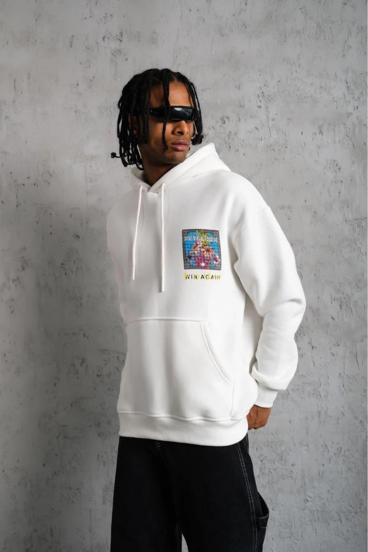 Erkek Patel Six Baskılı Kapüşonlu Sweat - Beyaz