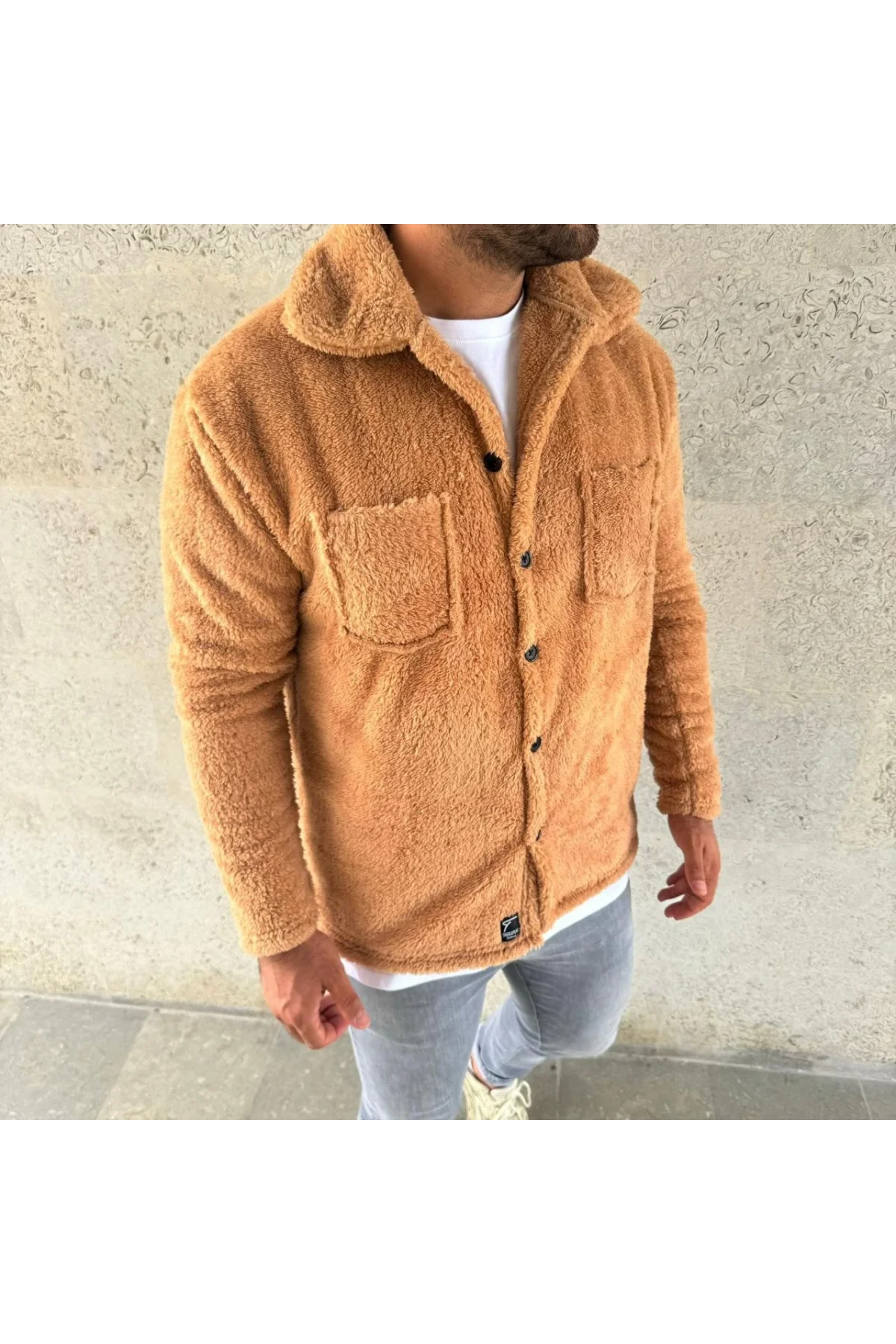 Erkek Pelüş Polar Hırka Gömlek – Yakalı, İlik Düğmeli, Göğüs Cepli, Yumuşak Dokulu Kışlık Regular Fit Rahat Günlük Model - Açık Kahve