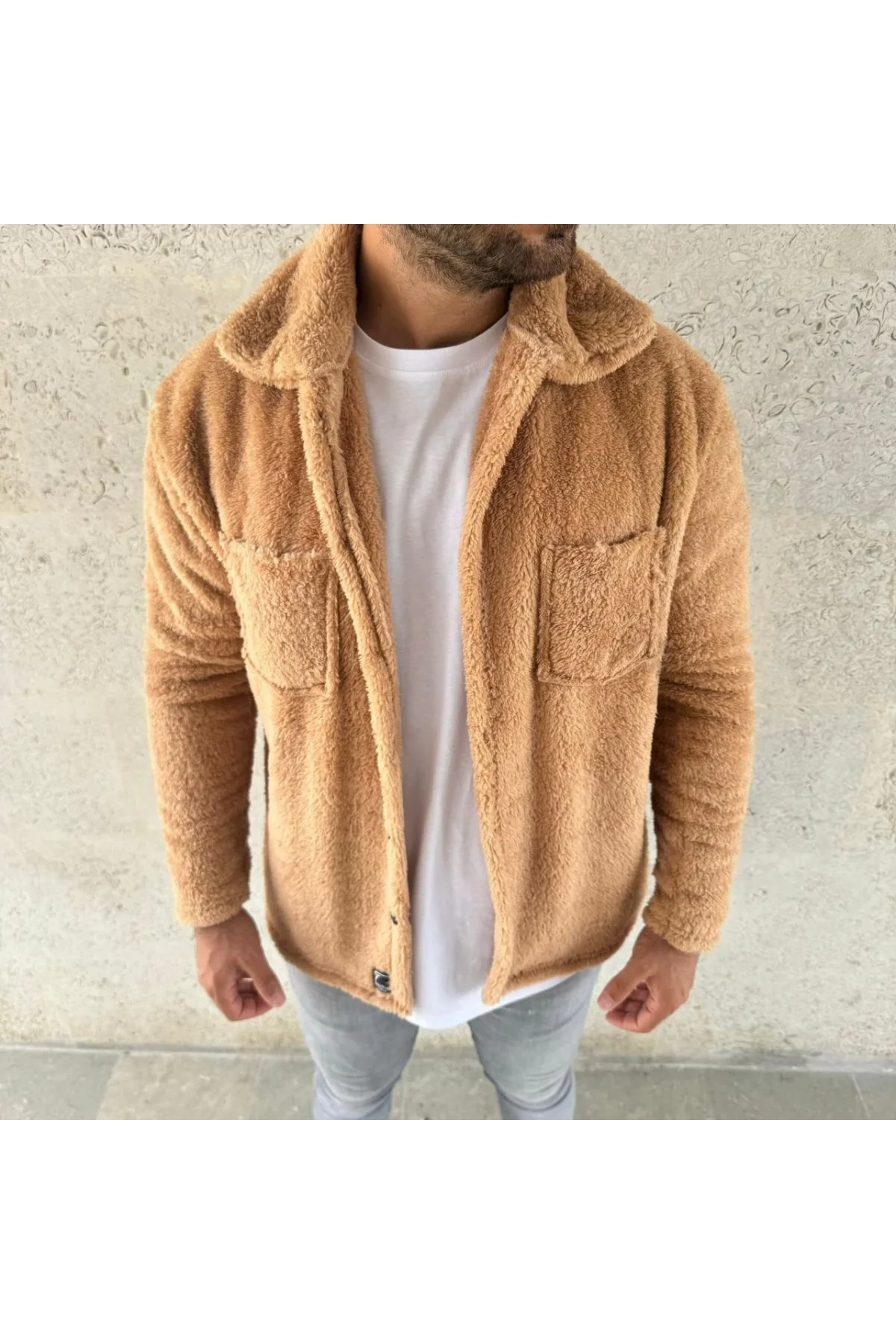 Erkek Pelüş Polar Hırka Gömlek – Yakalı, İlik Düğmeli, Göğüs Cepli, Yumuşak Dokulu Kışlık Regular Fit Rahat Günlük Model - Açık Kahve