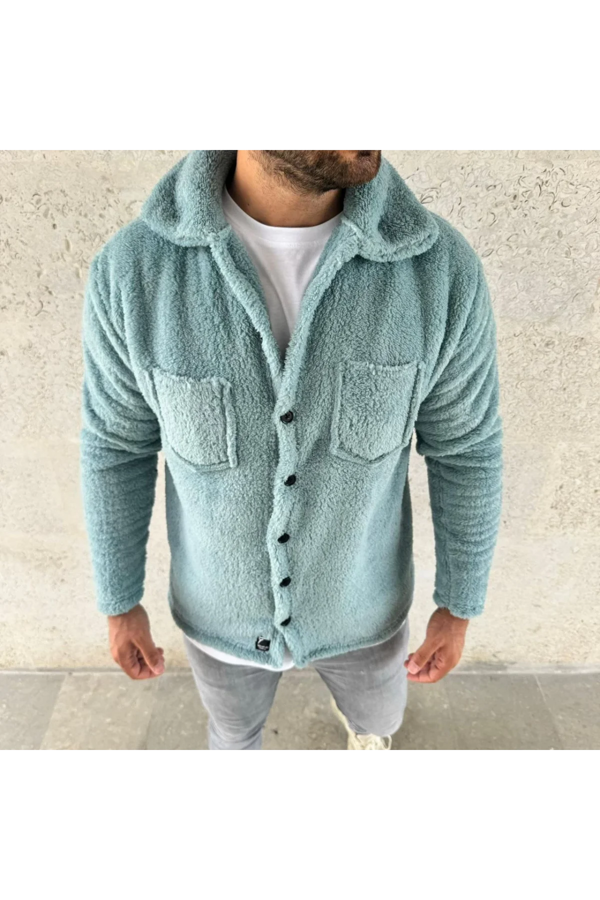 Erkek Pelüş Polar Hırka Gömlek – Yakalı, İlik Düğmeli, Göğüs Cepli, Yumuşak Dokulu Kışlık Regular Fit Rahat Günlük Model - Bebe Mavisi