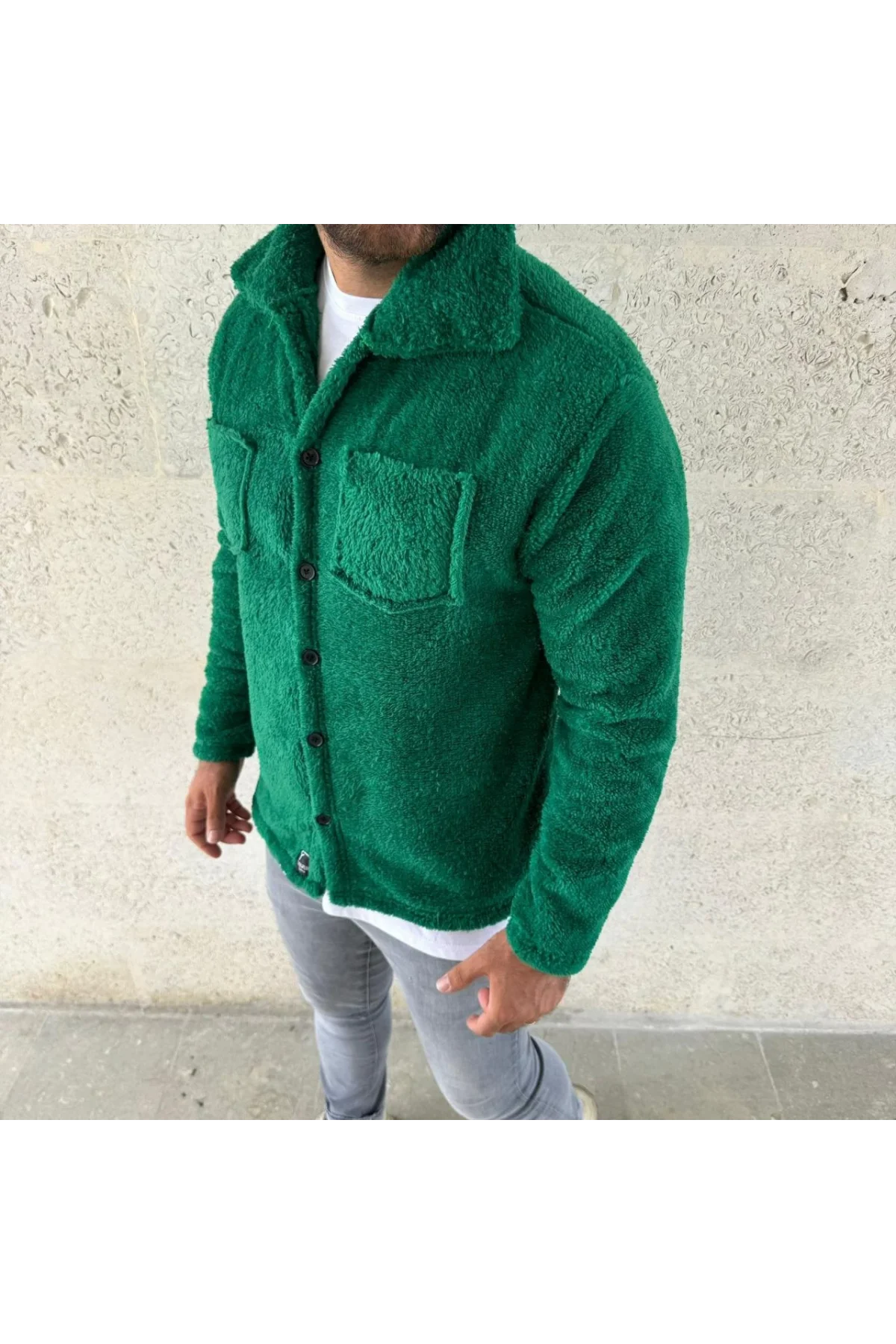Erkek Pelüş Polar Hırka Gömlek – Yakalı, İlik Düğmeli, Göğüs Cepli, Yumuşak Dokulu Kışlık Regular Fit Rahat Günlük Model - Çimen Yeşili