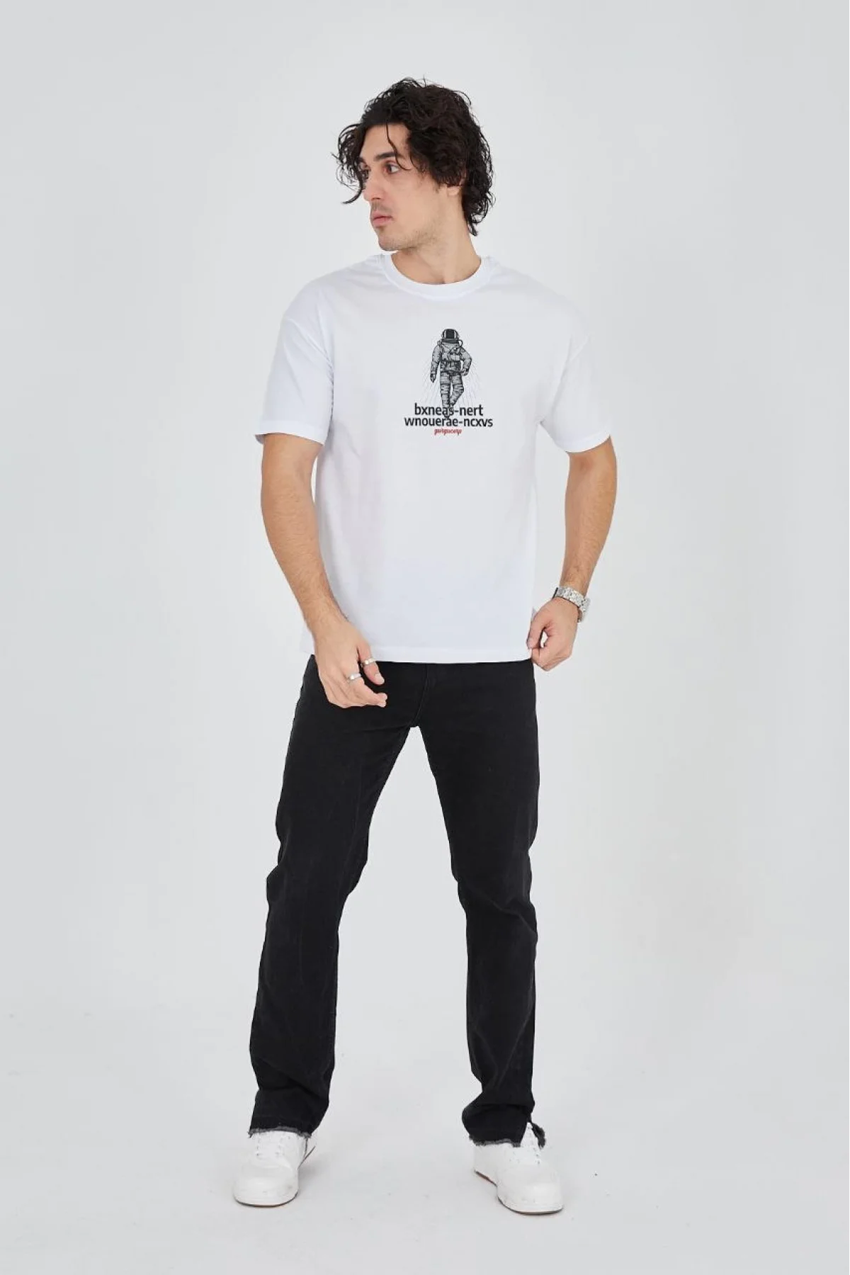 Erkek Baskılı T-Shirt Kısa Kol Bisiklet Yaka Regular Fit Rahat Kalıp Günlük Tişört - Beyaz