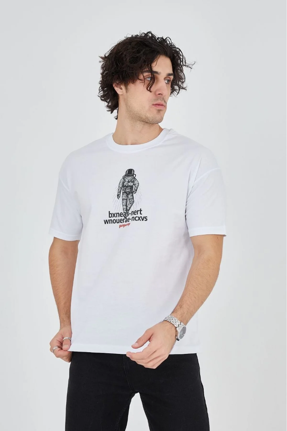 Erkek Baskılı T-Shirt Kısa Kol Bisiklet Yaka Regular Fit Rahat Kalıp Günlük Tişört - Beyaz