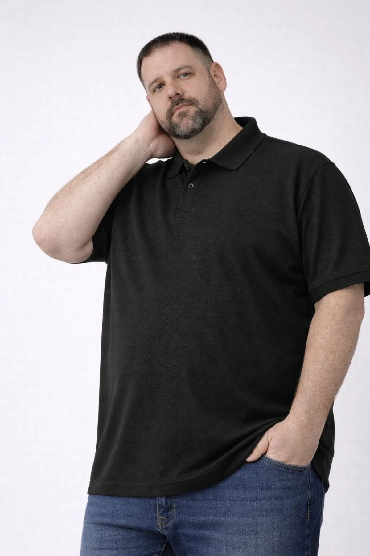 Erkek Pike Kumaş Düğmeli Yaka Battal Büyük Beden Günlük Kısa kol Tişört T-shirt - Siyah