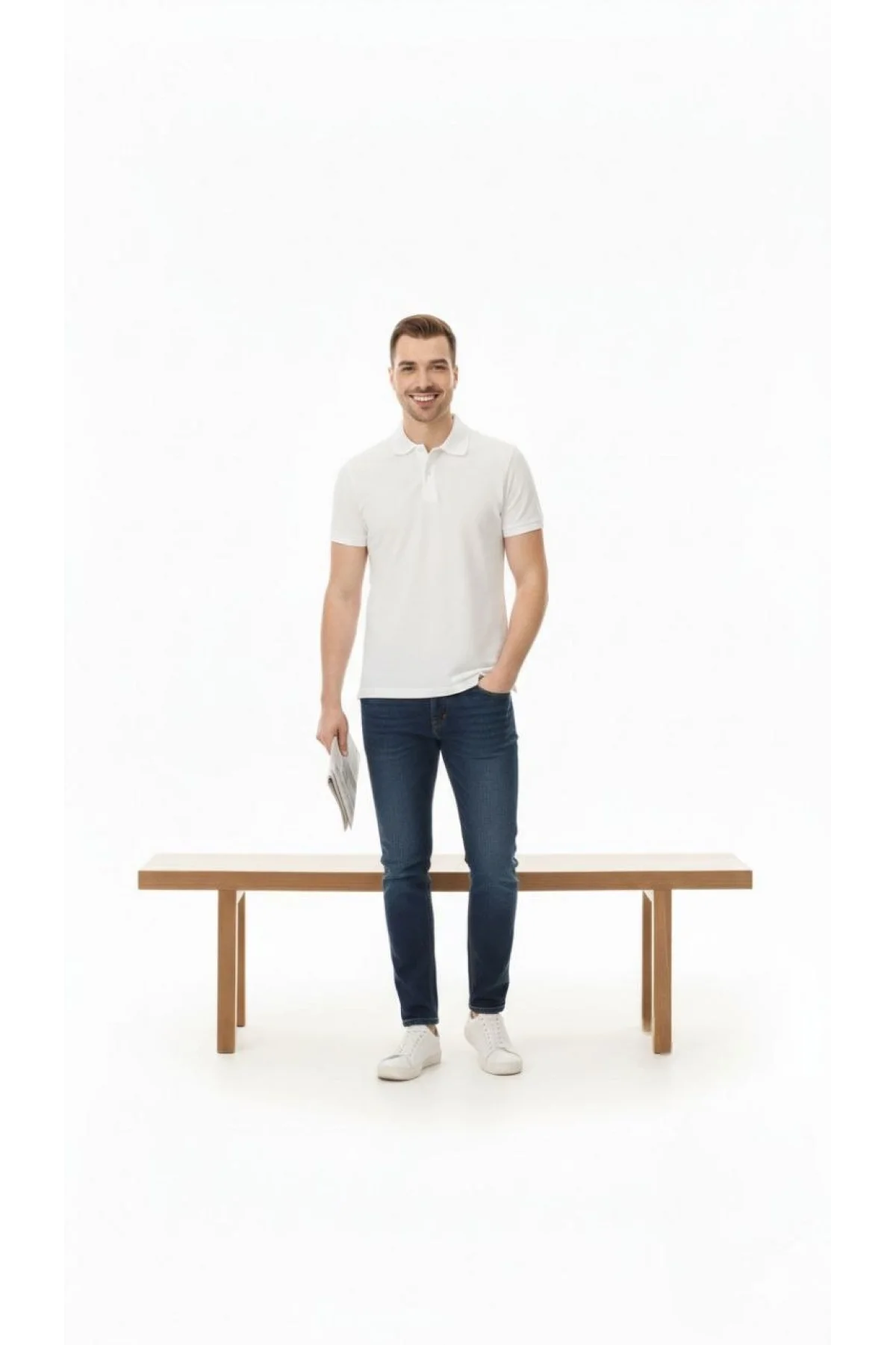 Erkek Pike Kumaş Düğmeli Yaka Regular Fit Günlük Kısa kol Tişört T-shirt - Beyaz