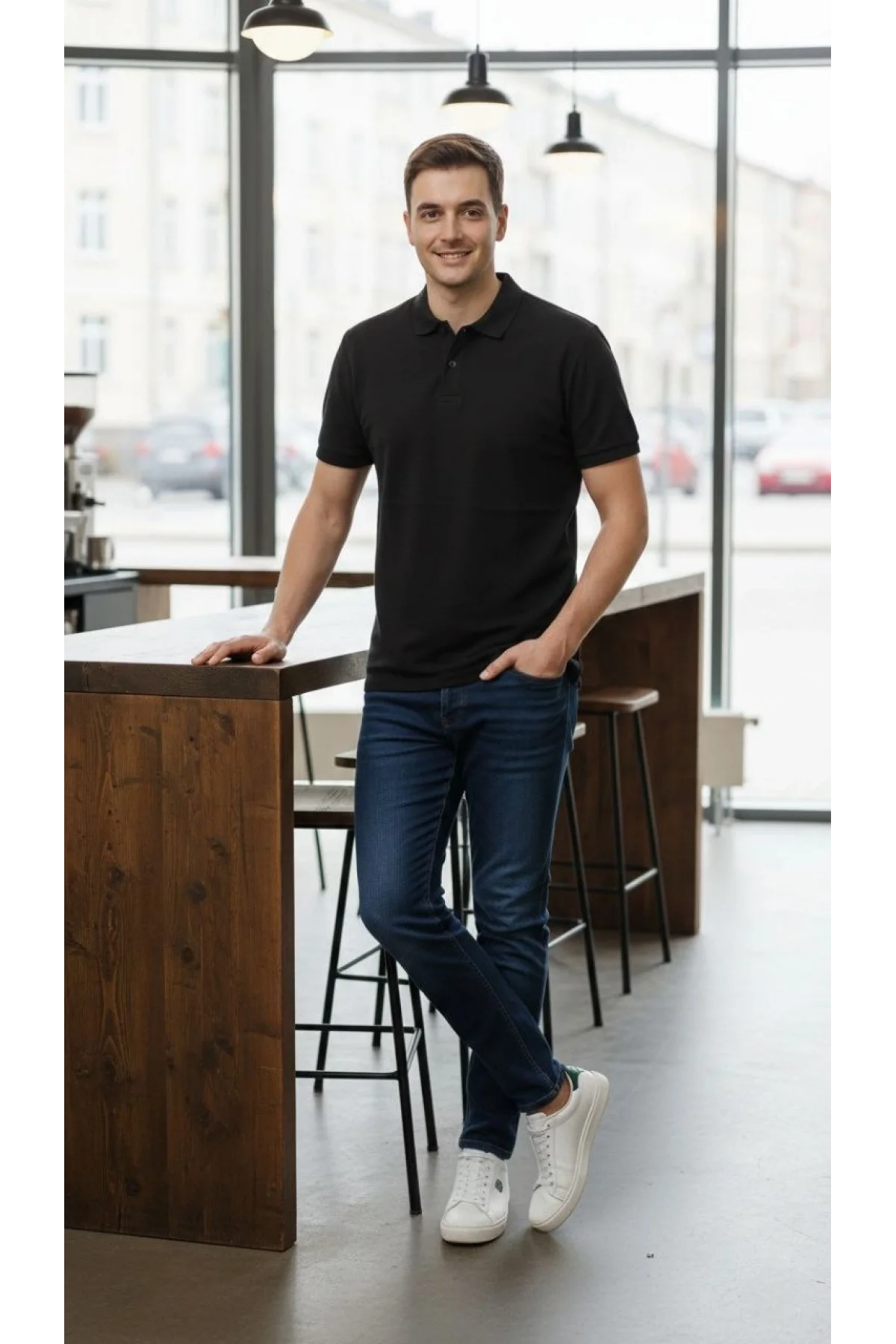 Erkek Pike Kumaş Düğmeli Yaka Regular Fit Günlük Kısa kol Tişört T-shirt - Siyah