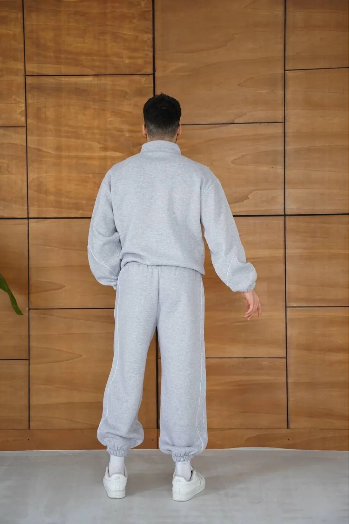 Erkek Premium Parçalı Eşofman Takım - Dik Yaka Fermuarlı Biyeli Sweatshirt Lastik Paça Alt, Oversize 3 iplik Şardonlu - Gri