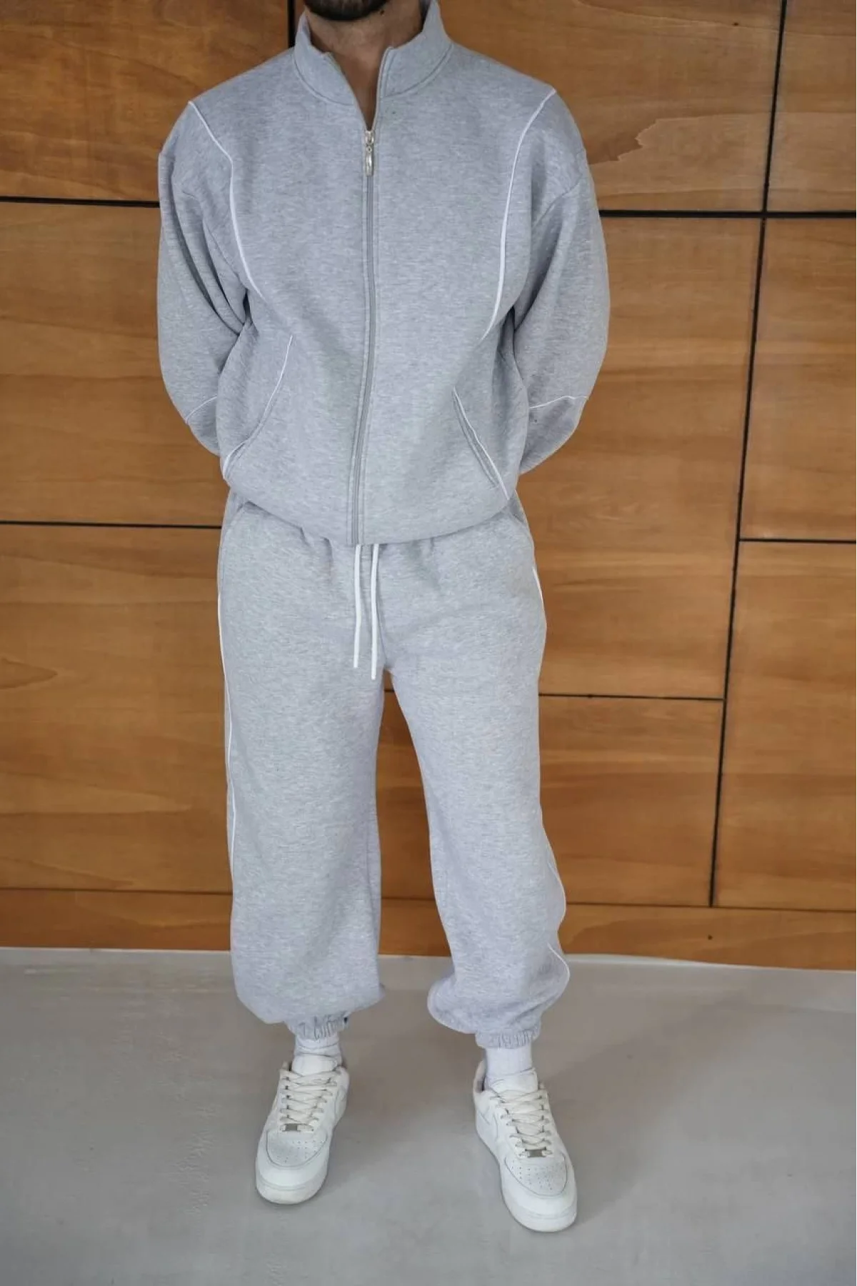 Erkek Premium Parçalı Eşofman Takım - Dik Yaka Fermuarlı Biyeli Sweatshirt Lastik Paça Alt, Oversize 3 iplik Şardonlu - Gri