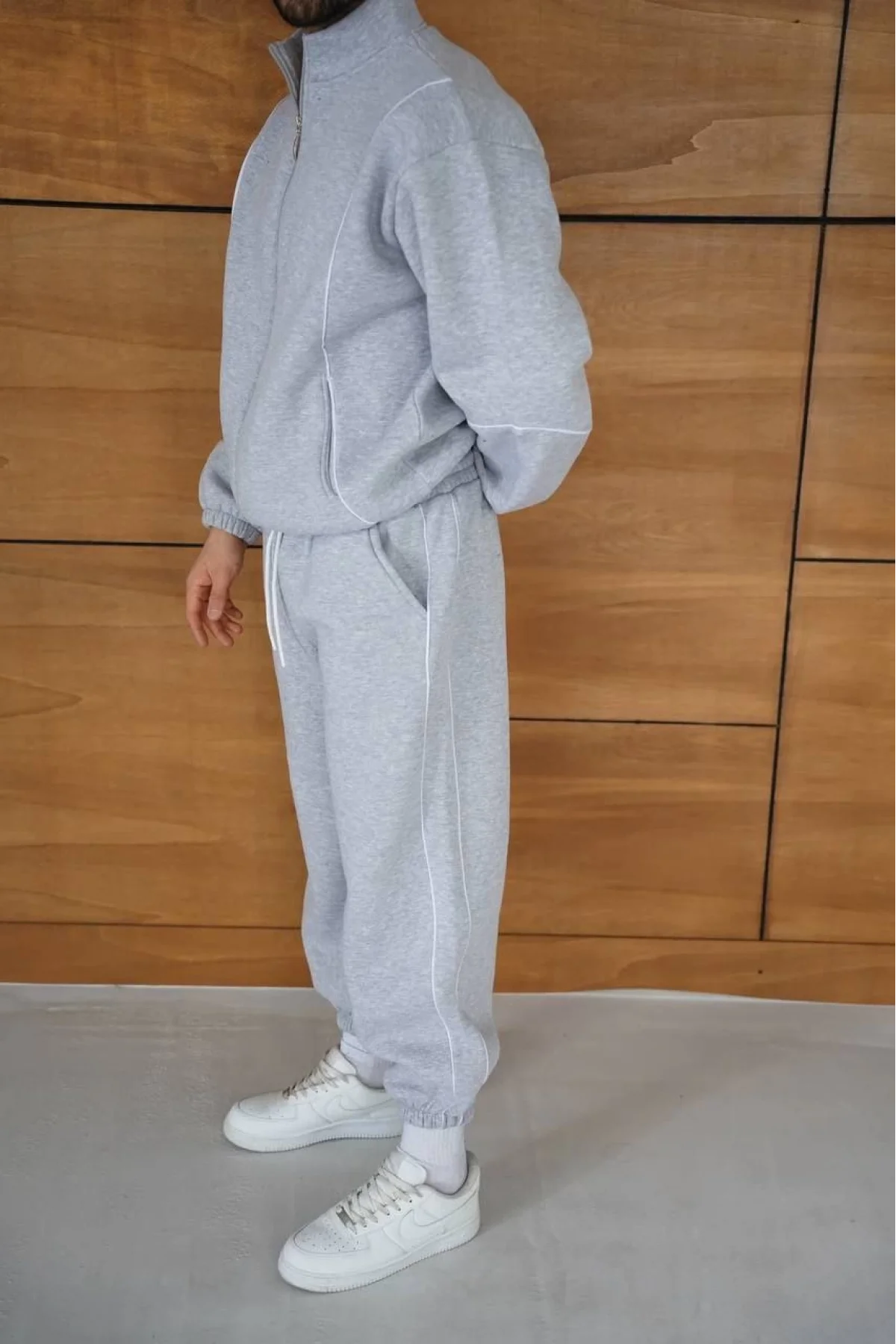 Erkek Premium Parçalı Eşofman Takım - Dik Yaka Fermuarlı Biyeli Sweatshirt Lastik Paça Alt, Oversize 3 iplik Şardonlu - Gri